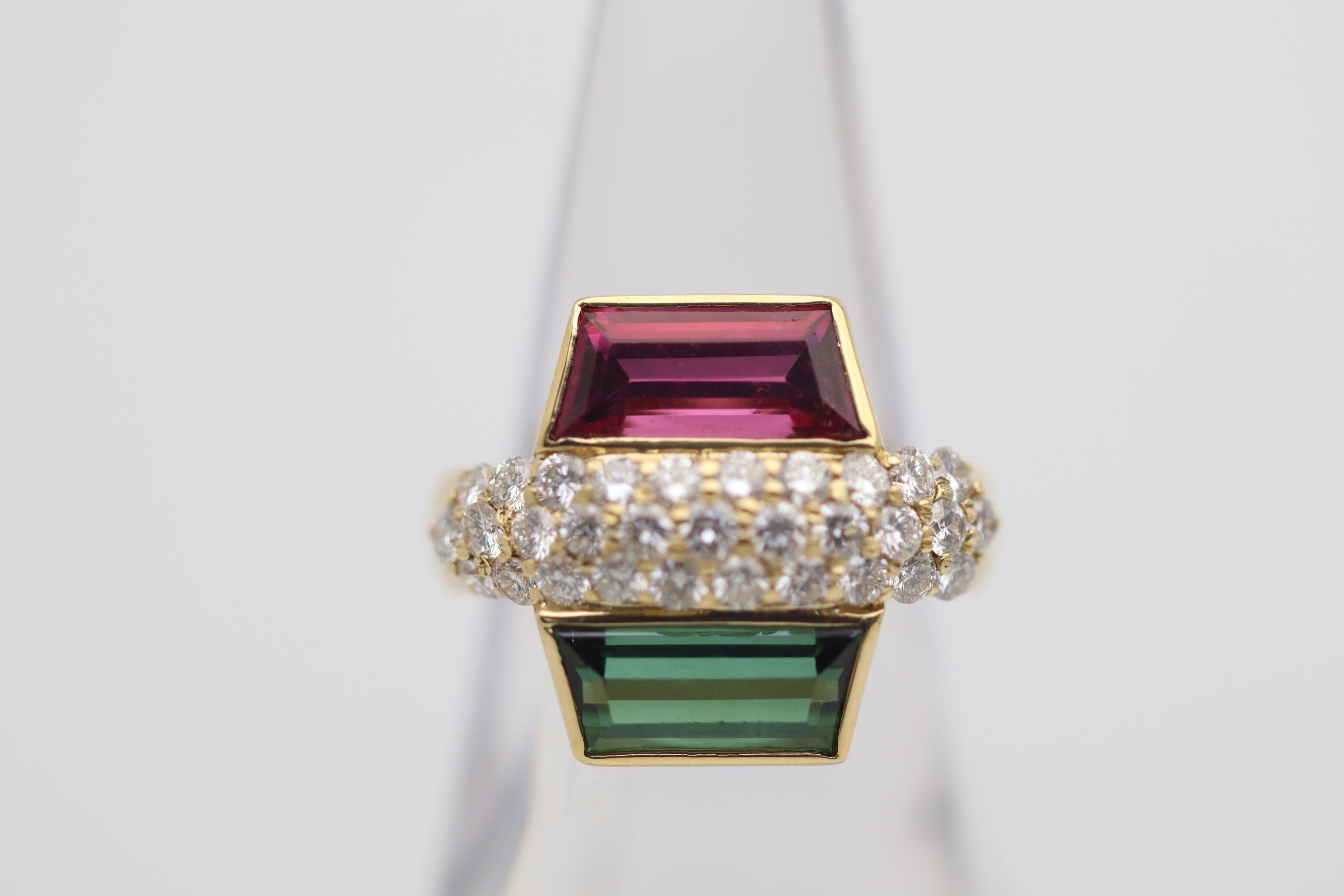 Baguette Cut Rubellite & Green Tourmaline Diamond Gold Ring For Sale