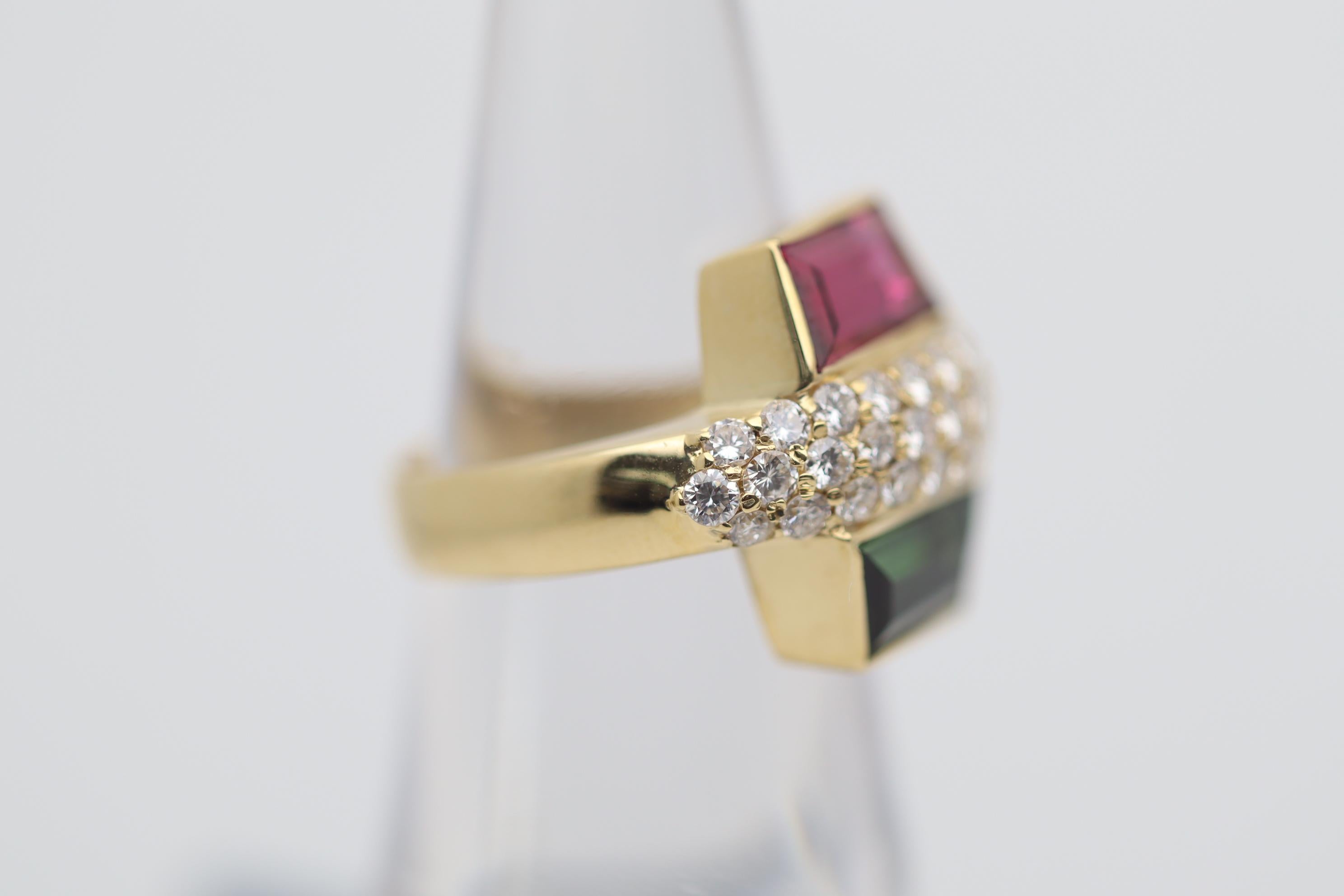 Rubellite & Green Tourmaline Diamond Gold Ring In New Condition For Sale In Beverly Hills, CA