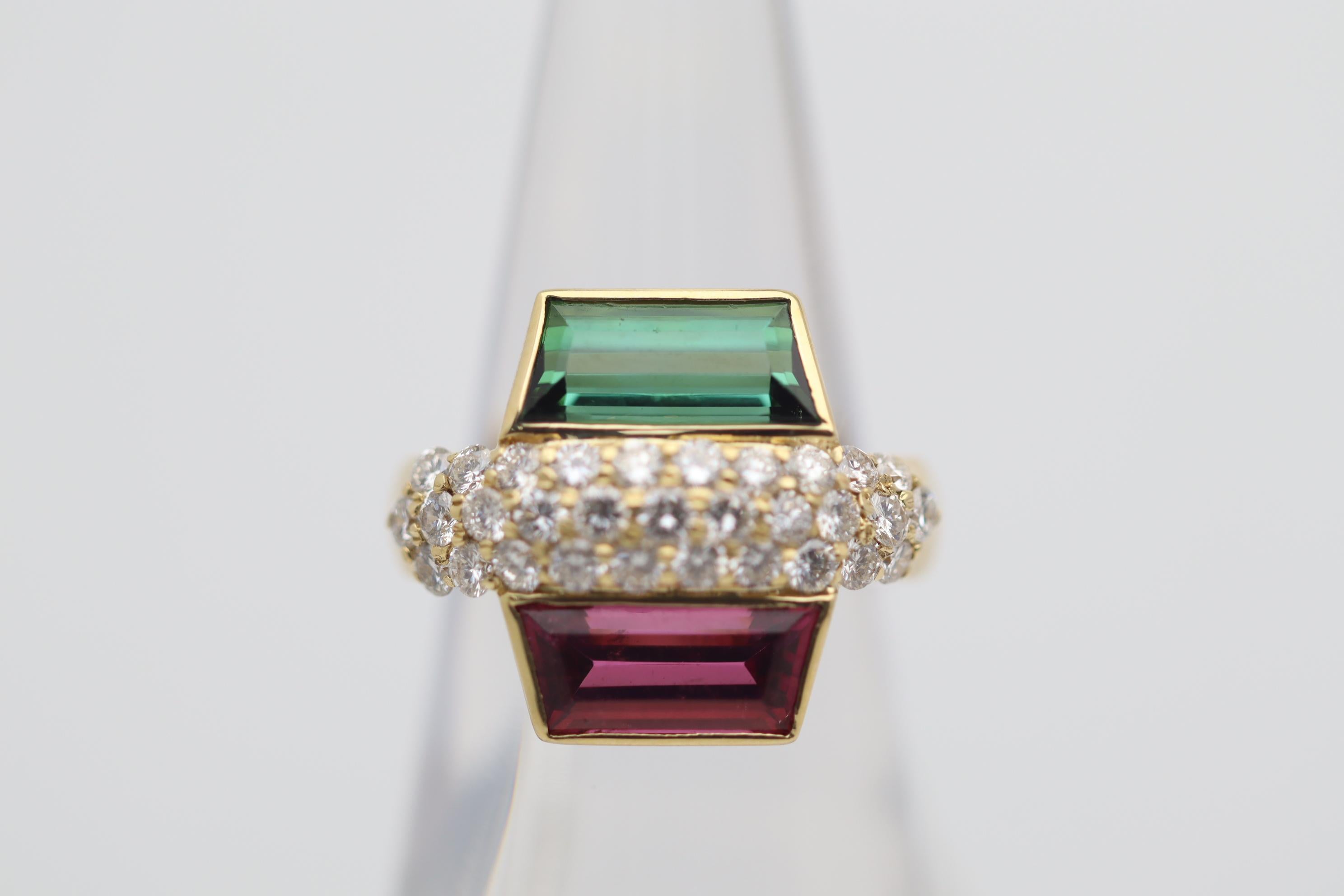 Women's Rubellite & Green Tourmaline Diamond Gold Ring For Sale