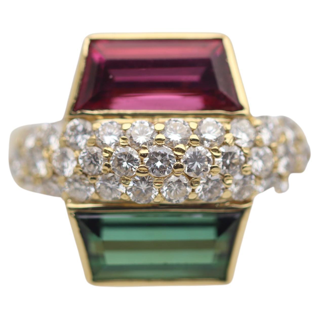 Rubellite & Green Tourmaline Diamond Gold Ring