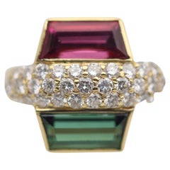 Bague en or avec rubellite et tourmaline verte et diamant