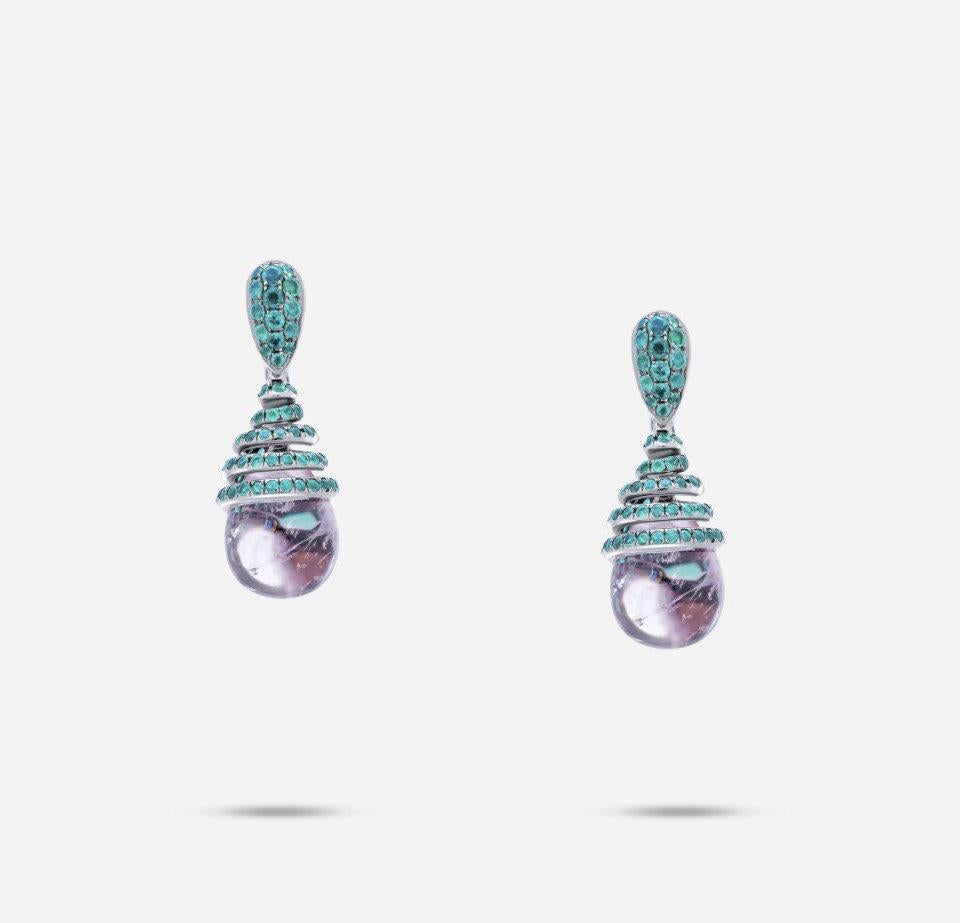 Emerald Cut Rubellite & Morganite Surrounded by Emeralds, Drop Earrings For Sale