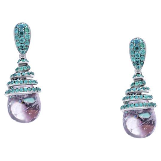Boucles d'oreilles pendantes en rubellite et morganite entourées d'émeraudes en vente