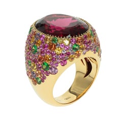 Bague cocktail en or jaune 18 carats avec rubellite et saphirs multicolores