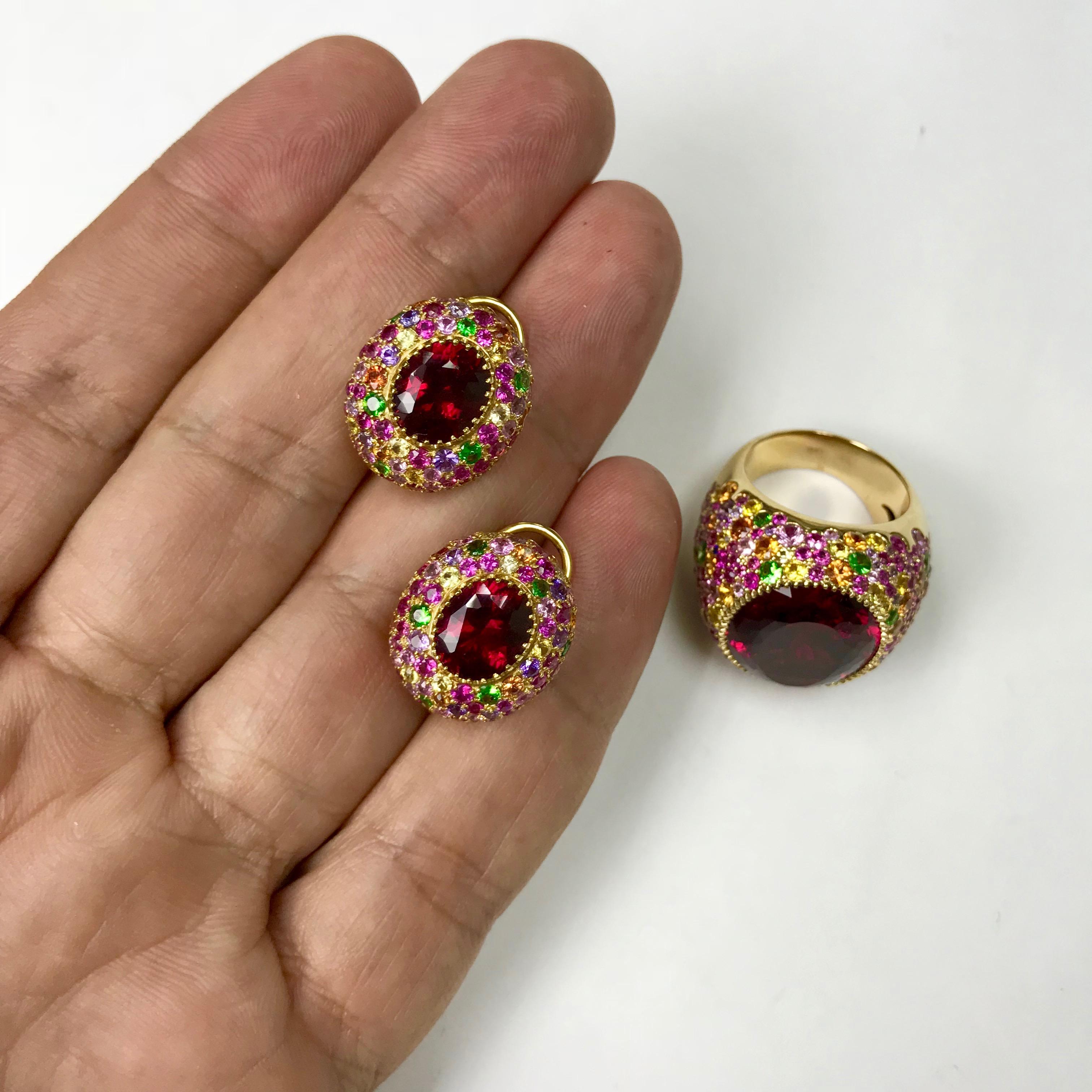 Rubellite oval pair, Multicolor Sapphire, 18 Karat Yellow Gold Earrings
Impressive matching of the colors in this earrings.
Fill the colors of the Riviera life.

Accompanied with the Ring LU116414851073
Gross weight 10.19 gms // 20 x 16 mm