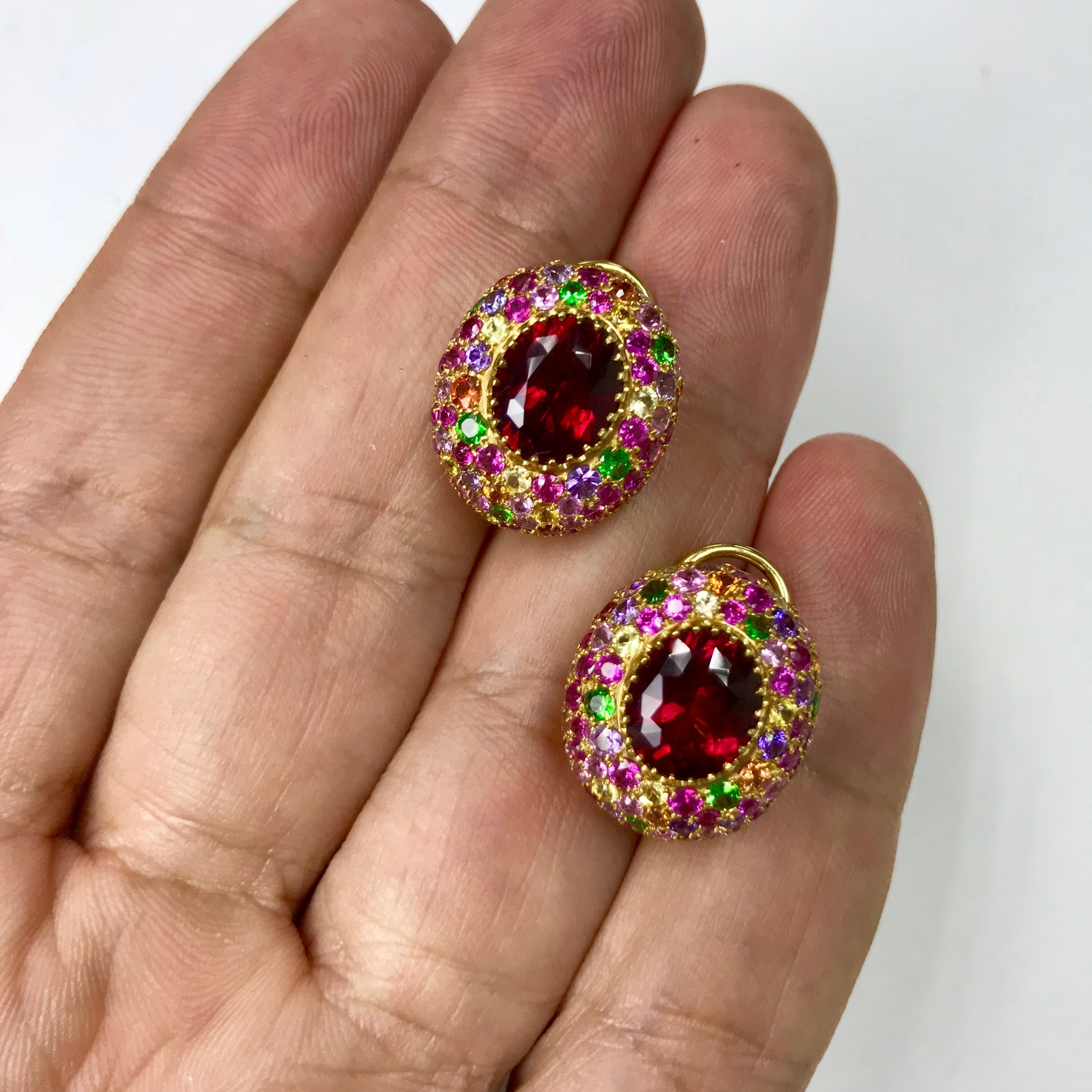 Contemporary Rubellite Multi-Color Sapphire 18 Karat Yellow Gold Earrings