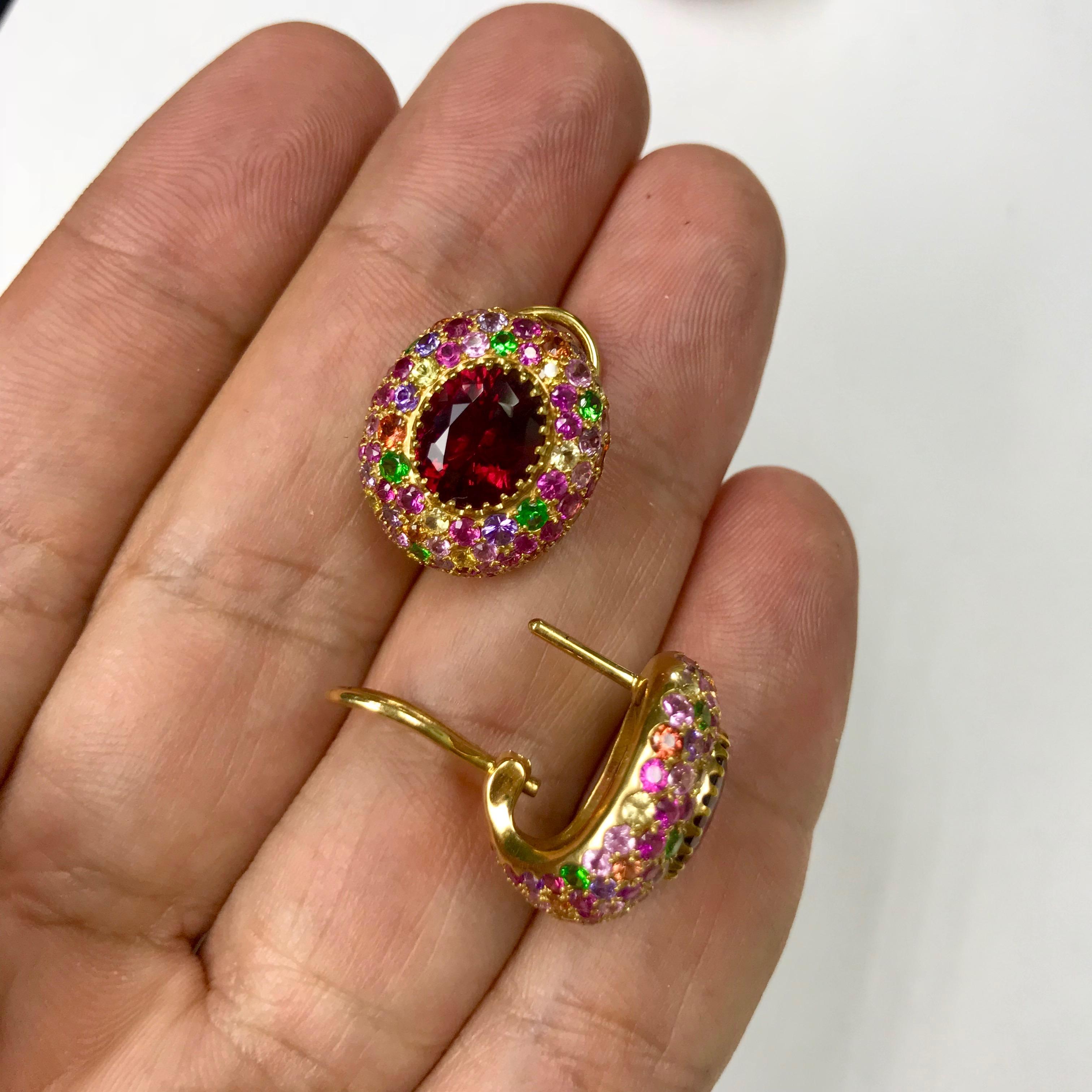 Women's Rubellite Multi-Color Sapphire 18 Karat Yellow Gold Earrings