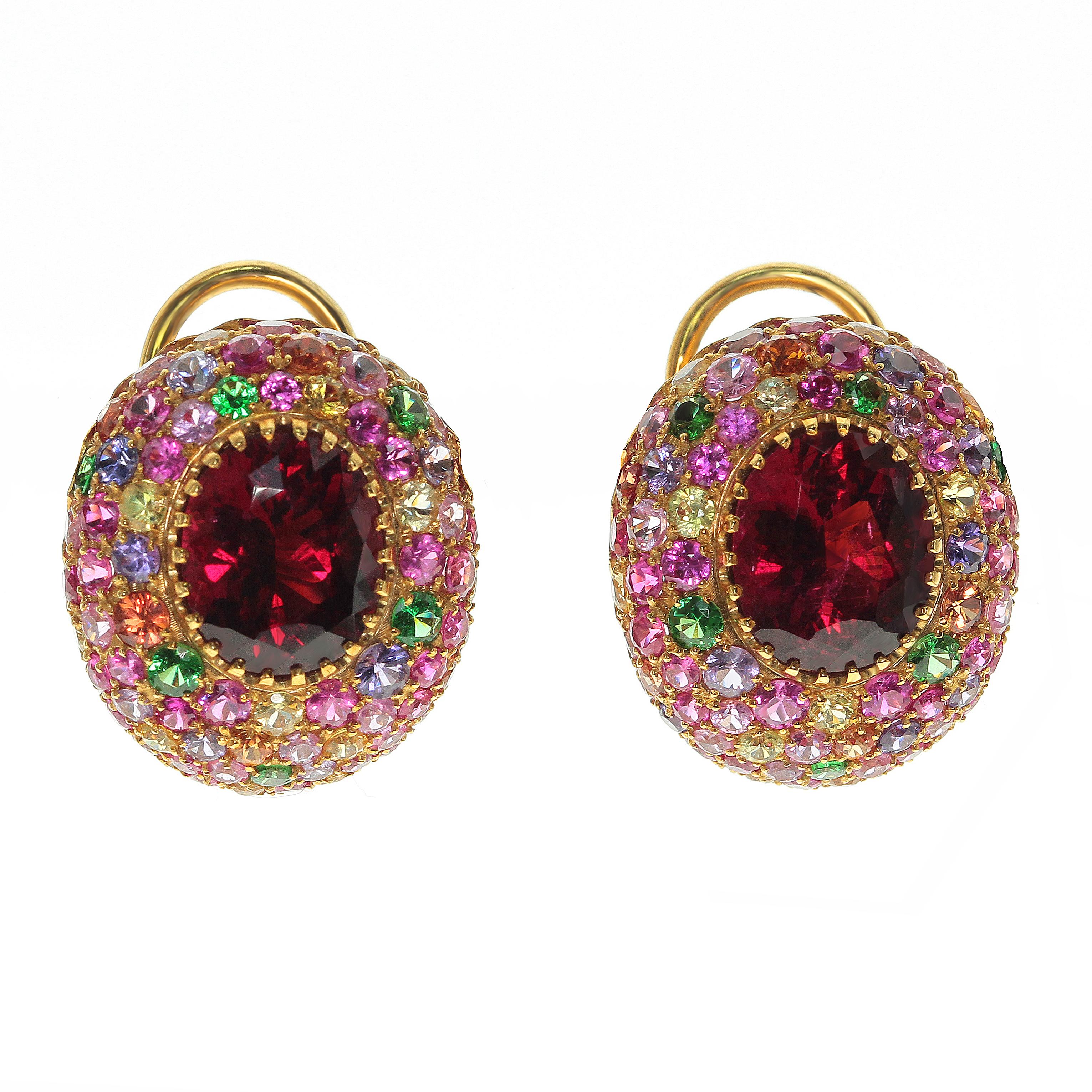 Rubellite Multi-Color Sapphire 18 Karat Yellow Gold Earrings