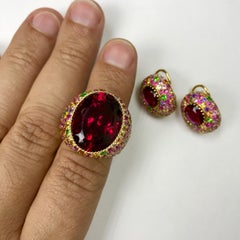 Rubellite Multi-Color Sapphire 18 Karat Yellow Gold Ring Earrings Suite