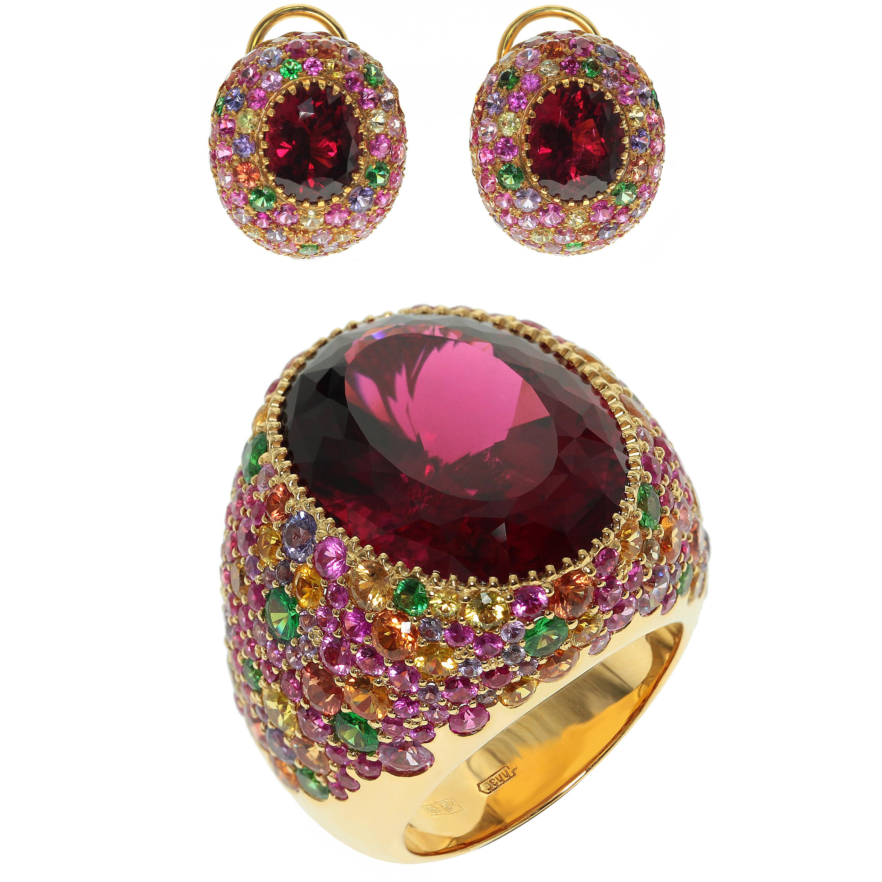 Rubellite Multi-Color Sapphire 18 Karat Yellow Gold Ring Earrings Suite