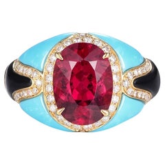 Anello con rubellite Onxy e diamanti turchesi a cupola