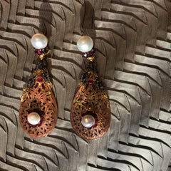 Rubellite Pearl Carved Shell Dangle Drop Earring