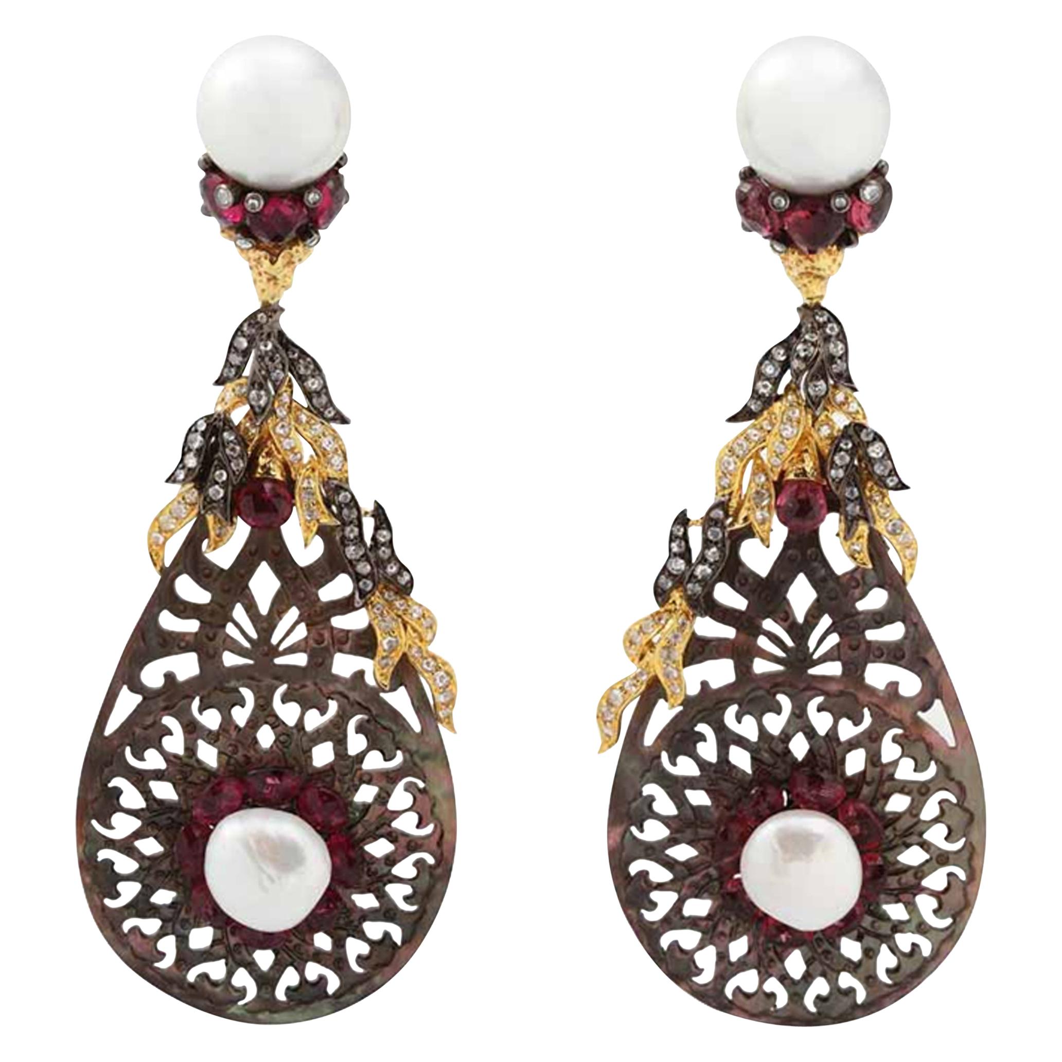 Rubellite Pearl Carved Shell Dangle Drop Earring For Sale