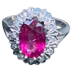 Vintage Rubellite Pink Tourmaline Diamond Halo 14 Karat Gold Ring