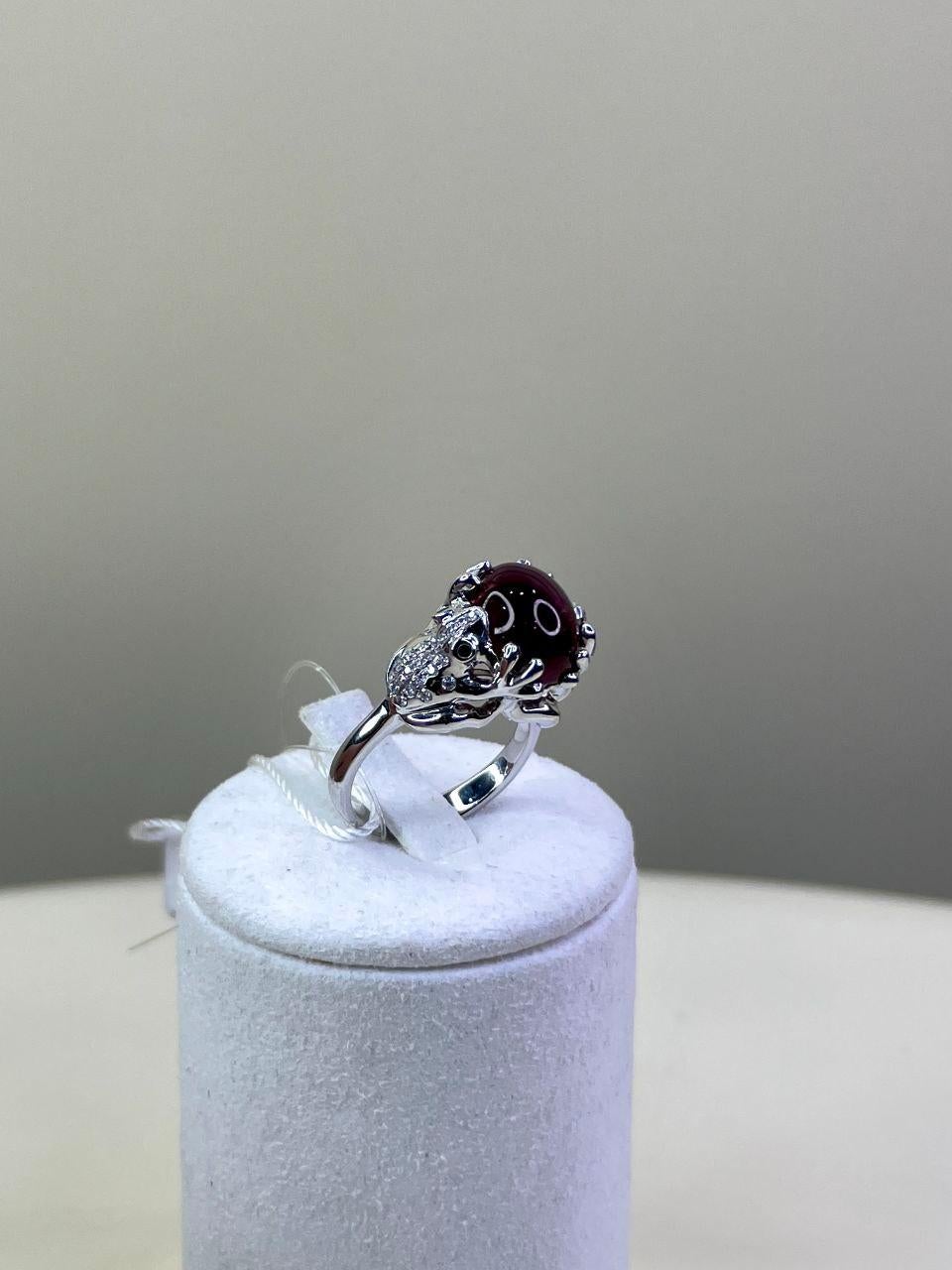 Mixed Cut Rubellite Pink Tourmaline Diamond Pave Double Frog 18 Karat White Gold Ring For Sale