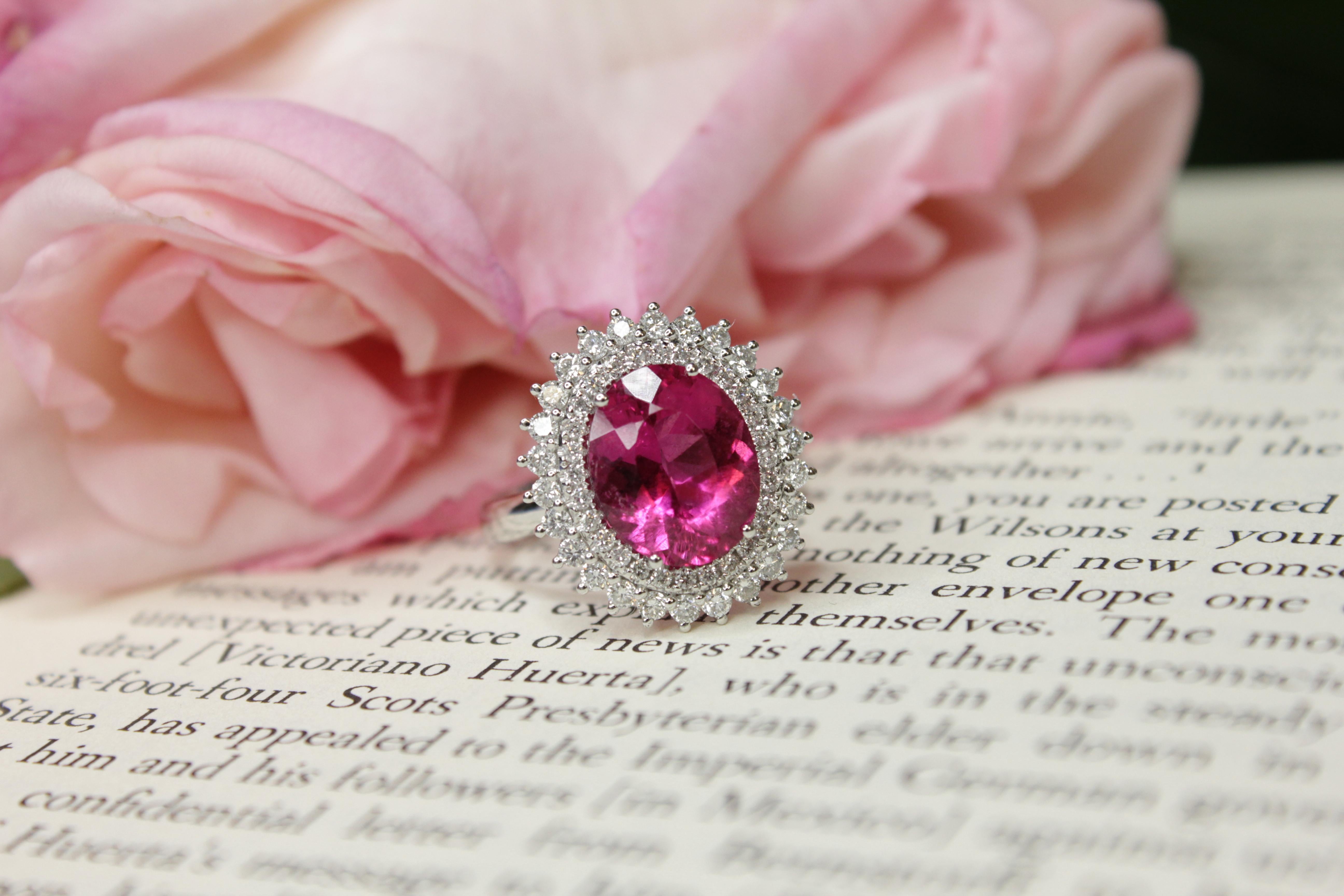 Rubellite Pink Tourmaline Double Diamond Halo Sun Ray 18 Karat White Gold Ring For Sale 6