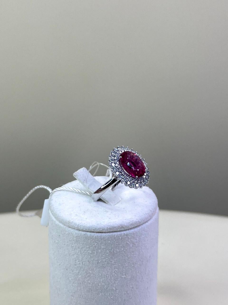 Art Deco Rubellite Pink Tourmaline Double Diamond Halo Sun Ray 18 Karat White Gold Ring For Sale