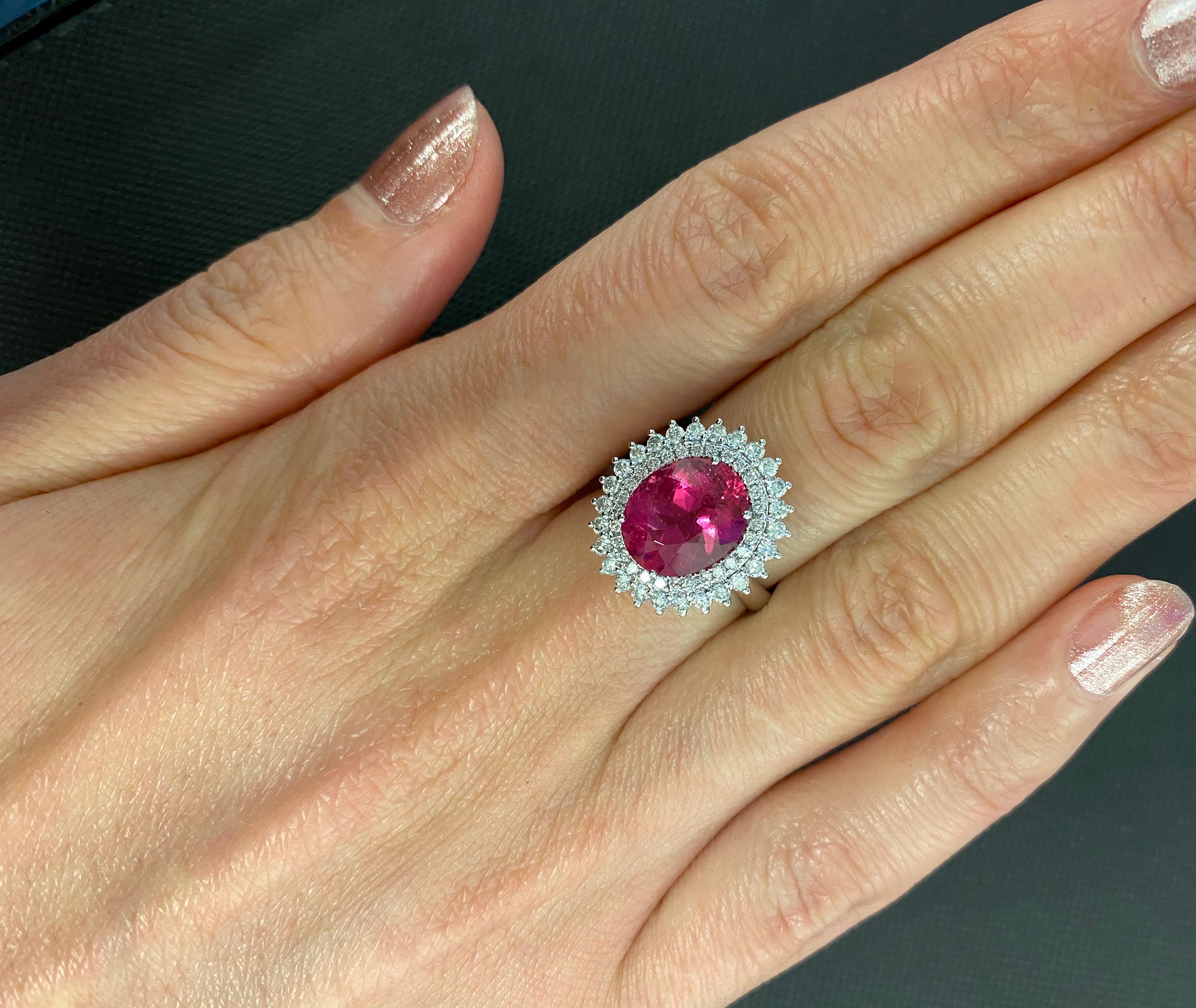 Rubellite Pink Tourmaline Double Diamond Halo Sun Ray 18 Karat White Gold Ring In New Condition For Sale In Oakton, VA