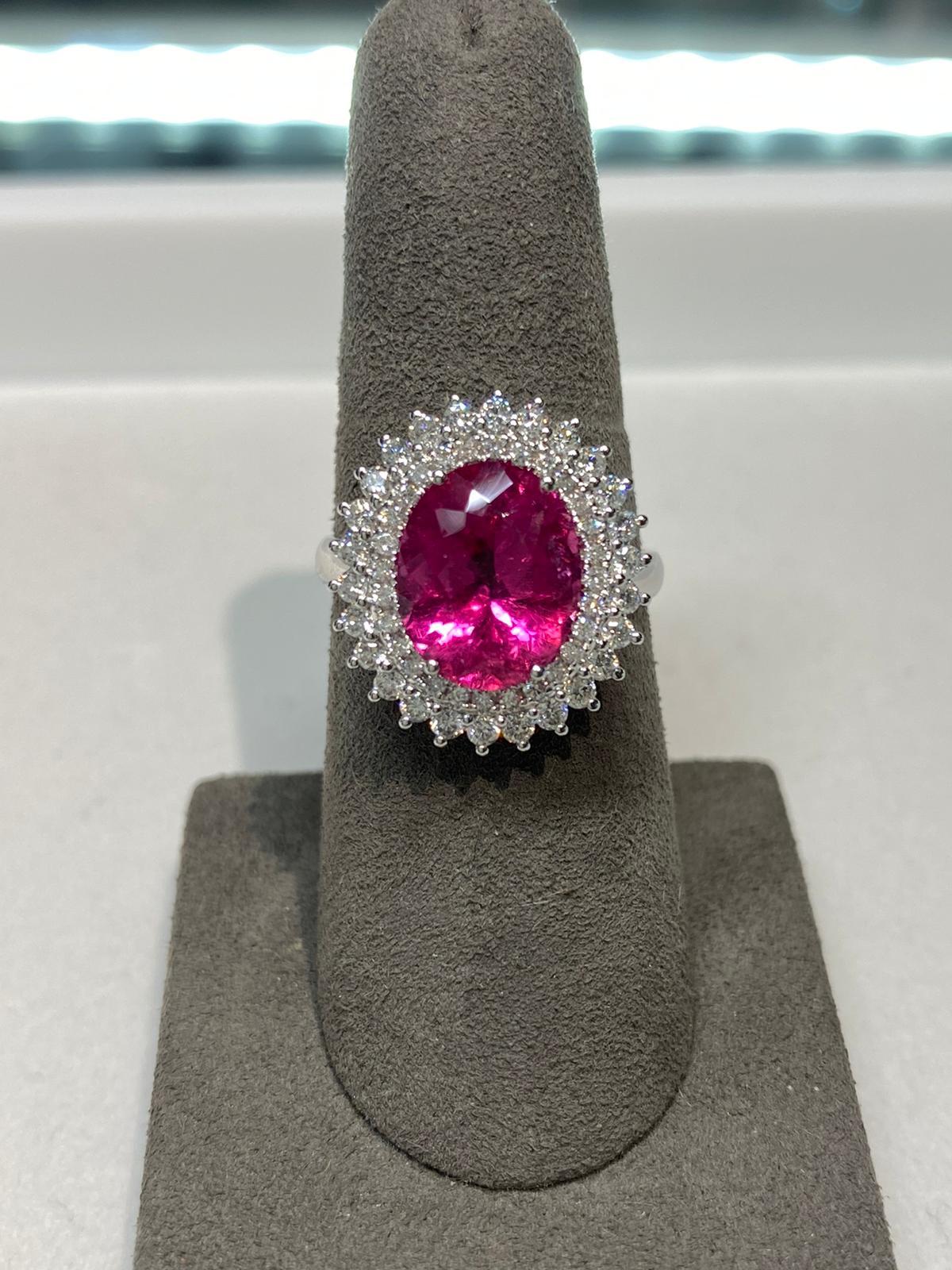 Women's or Men's Rubellite Pink Tourmaline Double Diamond Halo Sun Ray 18 Karat White Gold Ring For Sale
