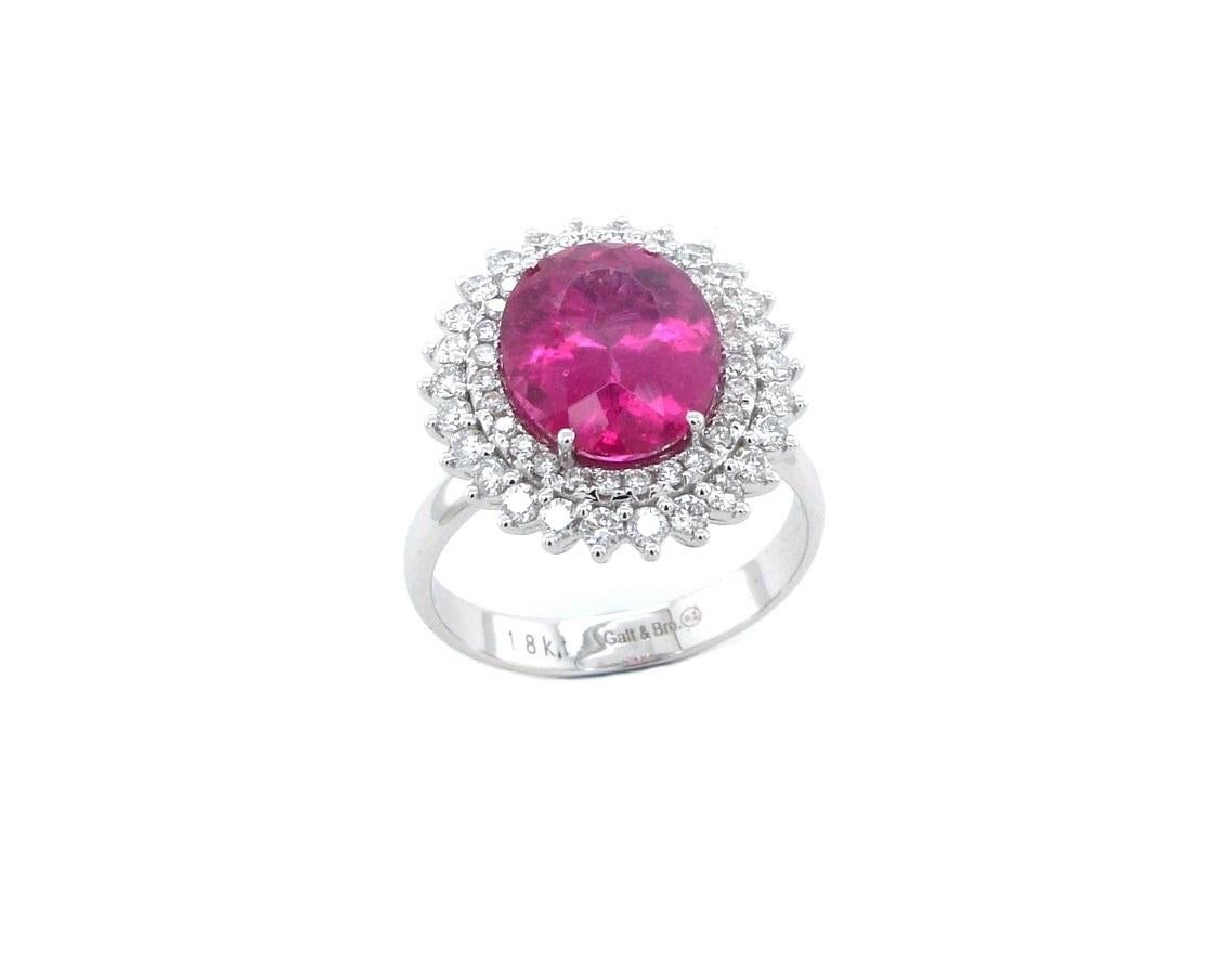 Rubellite Pink Tourmaline Double Diamond Halo Sun Ray 18 Karat White Gold Ring For Sale