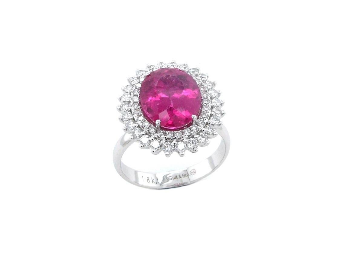 Rubelita Turmalina Rosa Doble Diamante Halo Rayo de Sol Anillo de Oro Blanco de 18 Kilates