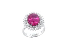 Rubellite Pink Tourmaline Double Diamond Halo Sun Ray 18 Karat White Gold Ring