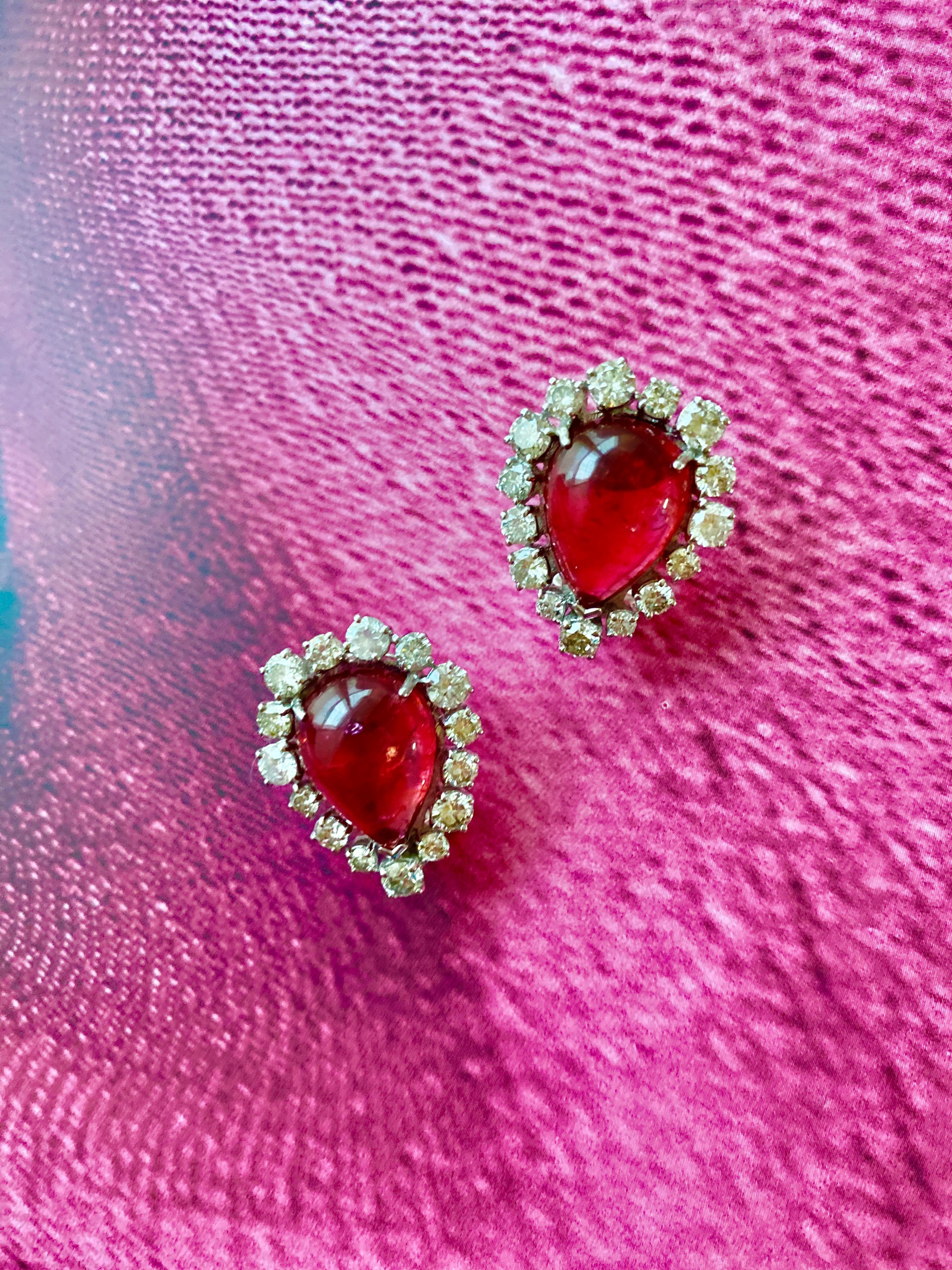 Rubellite Pink Tourmaline Pear Cabochon Diamond Vintage Earrings 18K White Gold For Sale 5