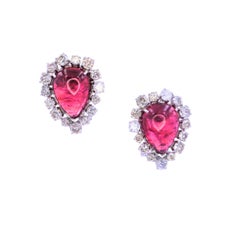 Rubellite Pink Tourmaline Pear Cabochon Diamond Vintage Earrings 18K White Gold
