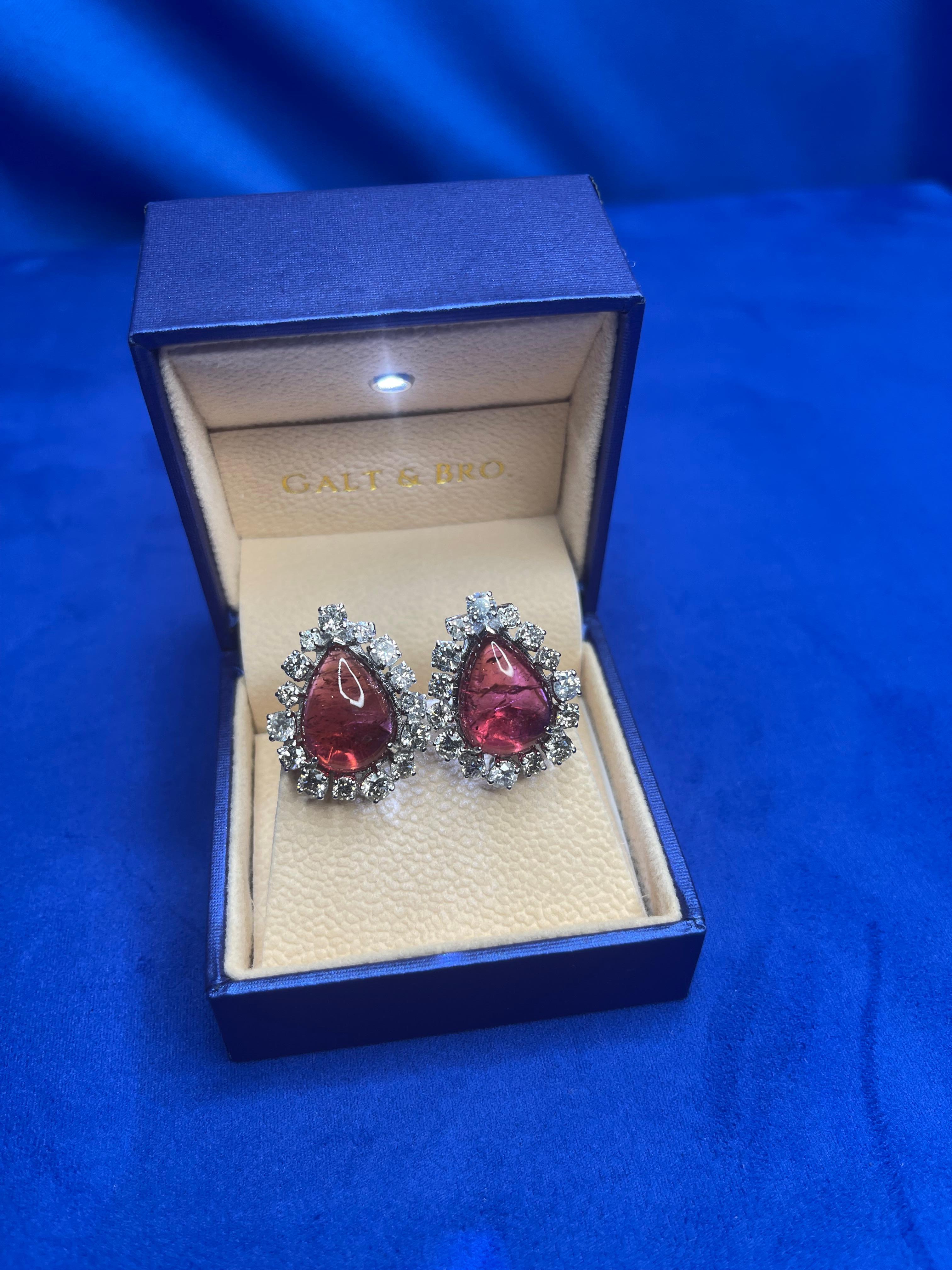 Women's Rubellite Pink Tourmaline Pear Cabochon Diamond Vintage Earrings 18K White Gold For Sale