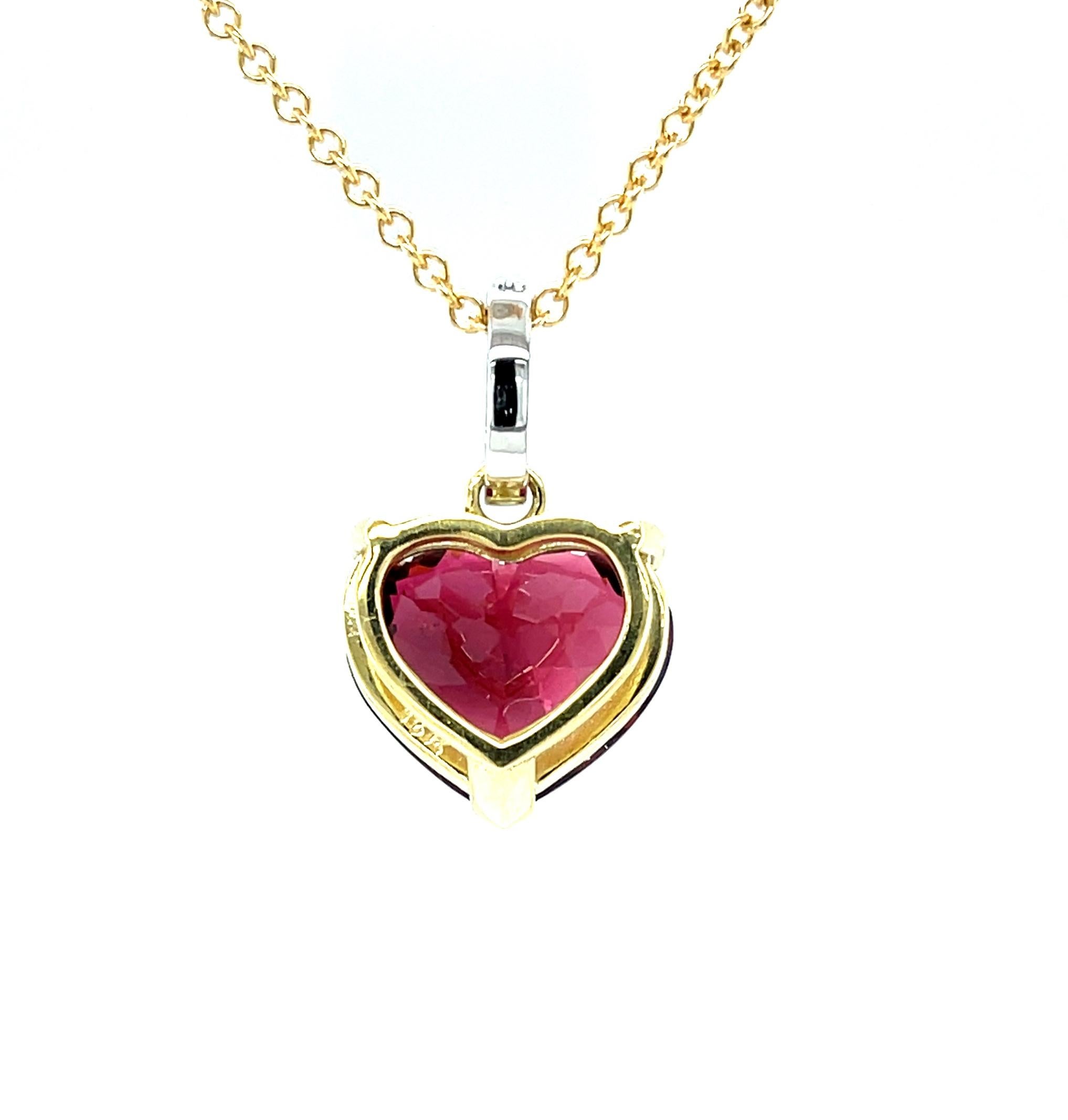 Artisan Rubellite Red Tourmaline Pendant, 9.28 Carat Heart Shape with Diamond Set Bail For Sale