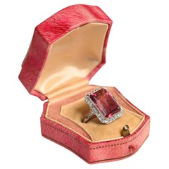 Rubellite Ring. 12ct Emerald Cut Rubellite Tourmaline Diamond Halo Ring Platinum