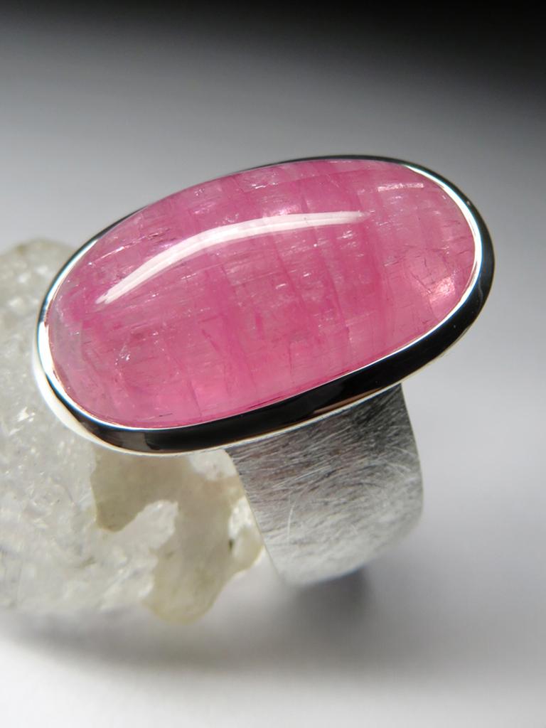 Artisan Rubellite Ring Cat's Eye Effect Silver Ring Pink Tourmaline Cabochon Gem For Sale