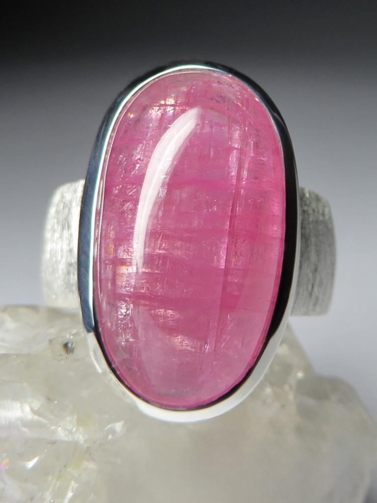 Rubellite Ring Cat's Eye Effect Silver Ring Pink Tourmaline Cabochon Gem For Sale 1