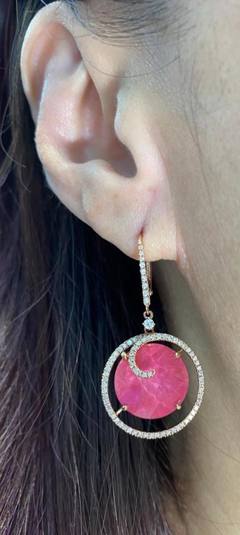 Round Cut Rubellite Rock Crystal Doublet Diamond Dangle Earrings in 18 Karat Rose Gold For Sale