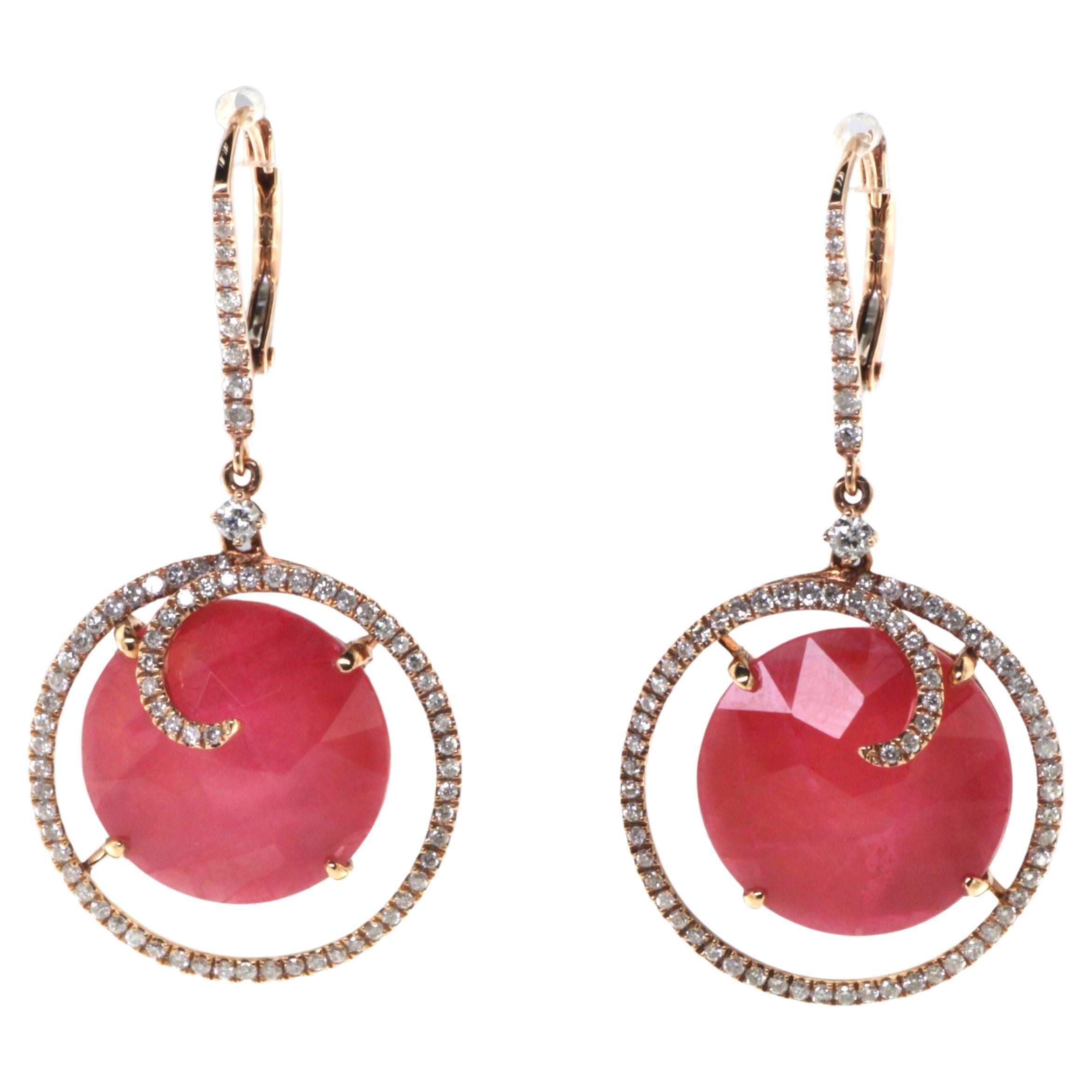 Pendientes Colgantes de Diamantes Dobles de Cristal de Roca Rubelita en Oro Rosa de 18 Kilates