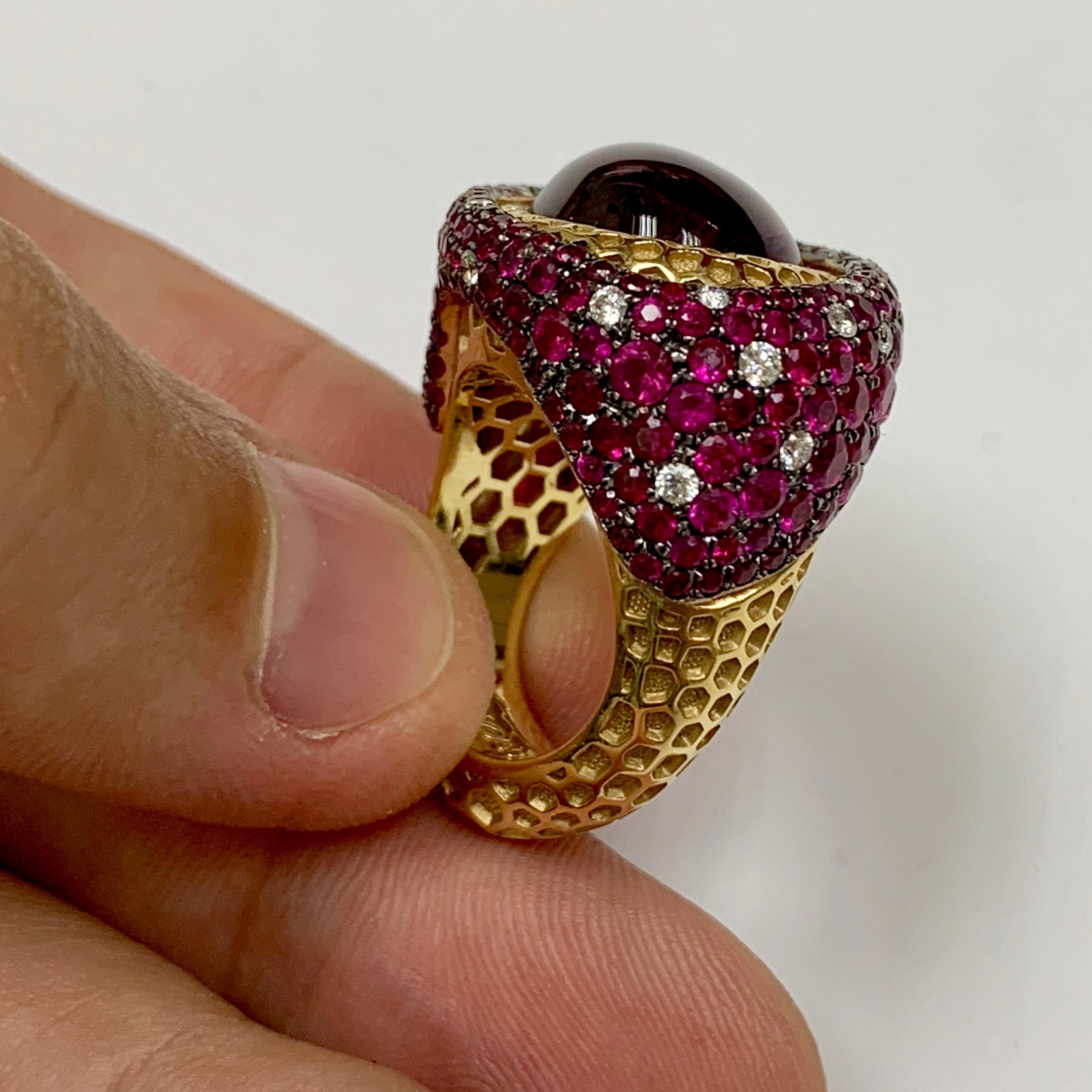 Rubellite Ruby Diamond 18 Karat Yellow Gold Honeycombs Ring 2