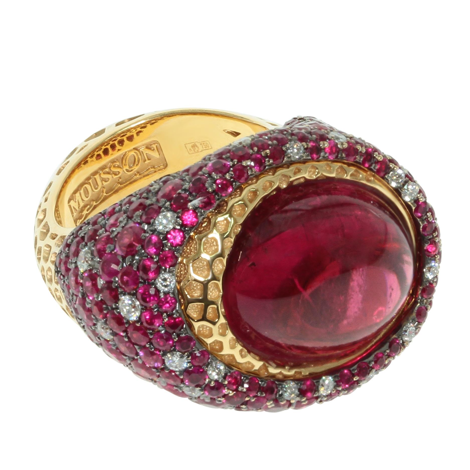Rubellite Ruby Diamond 18 Karat Yellow Gold Honeycombs Ring
This ring is full of sweeteness!!! Yellow honeycombs meets with juicy raspberry confeture around appetizing cherry-rubellite lollypop. 
There is a lot of important things in this ring!