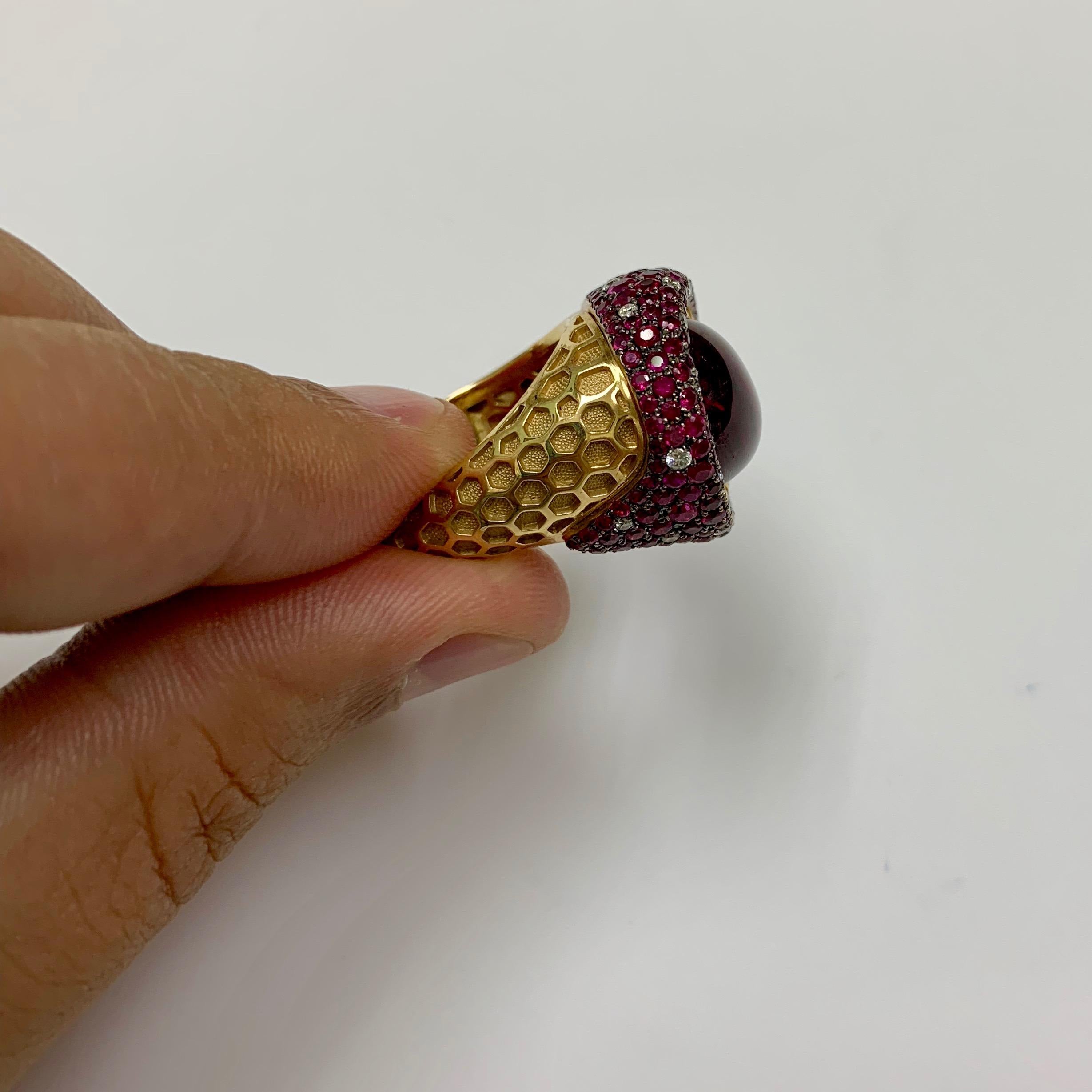 Oval Cut Rubellite Ruby Diamond 18 Karat Yellow Gold Honeycombs Ring For Sale