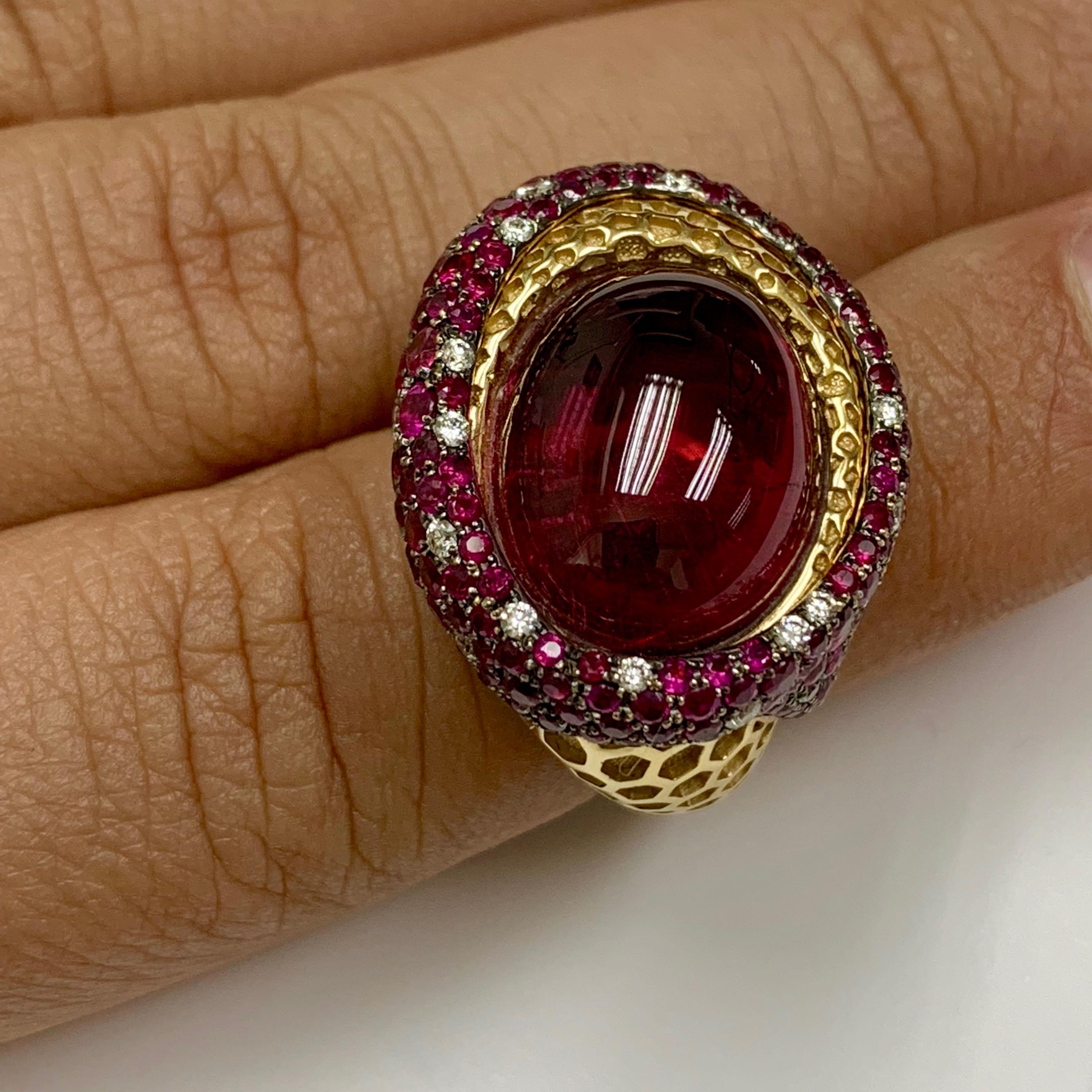 Rubellite Ruby Diamond 18 Karat Yellow Gold Honeycombs Ring For Sale 1