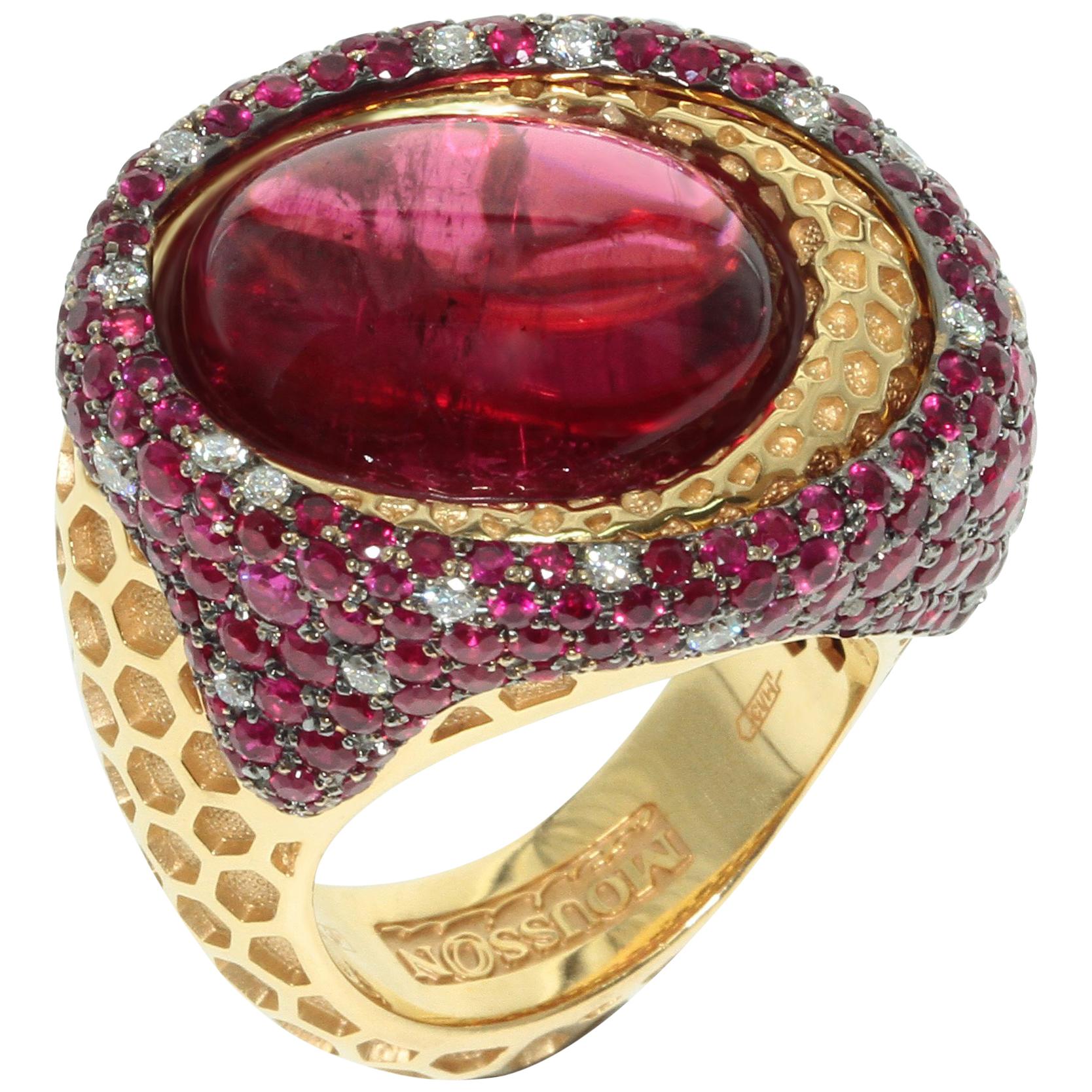 Rubellite Ruby Diamond 18 Karat Yellow Gold Honeycombs Ring For Sale