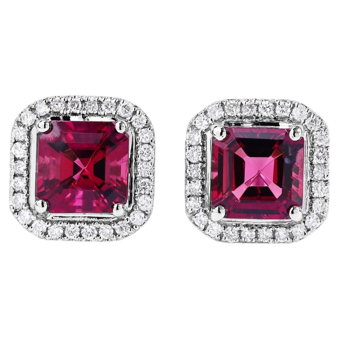 Rubellite Stud Earrings With Diamonds 2.68 Carats 14K White Gold For Sale