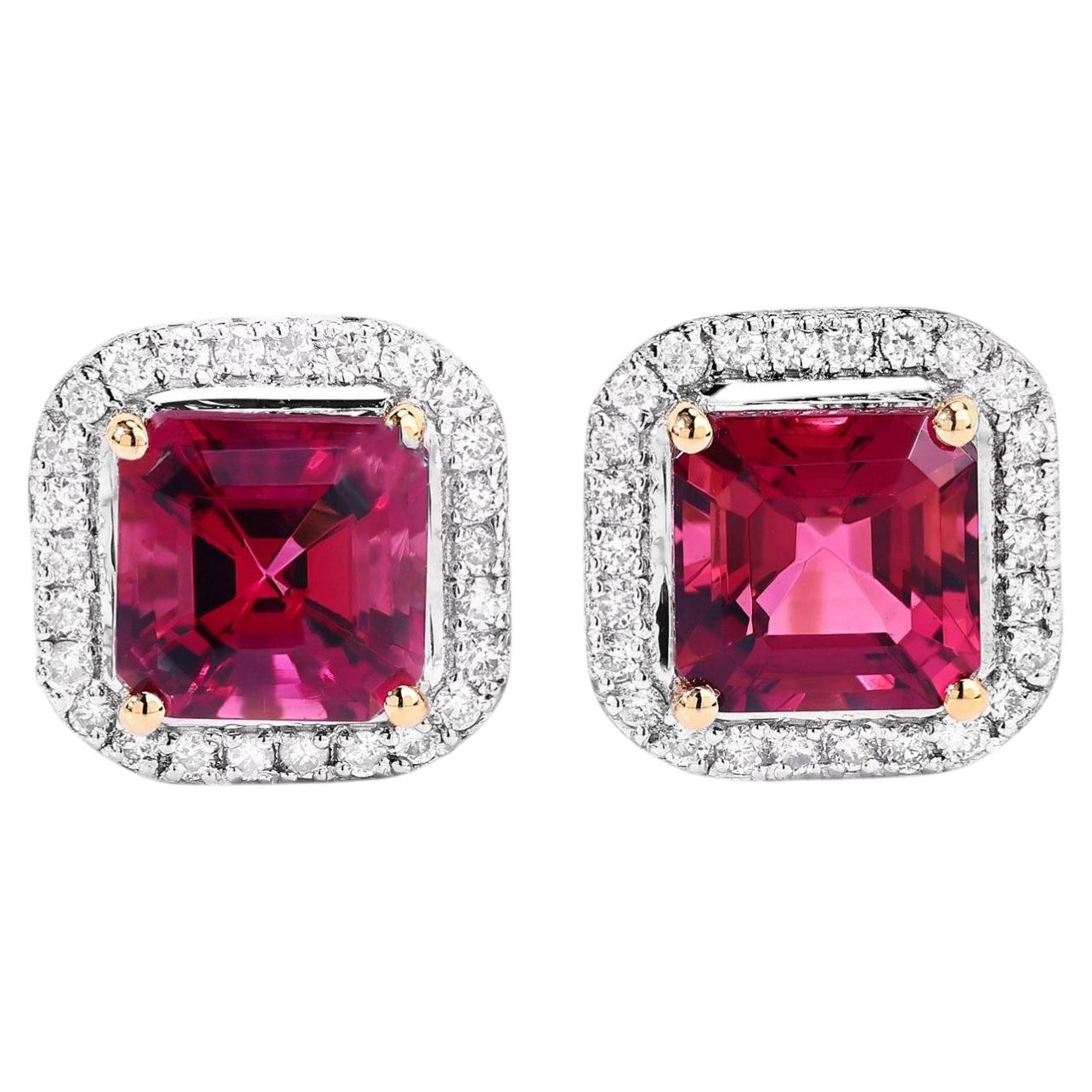 Rubellite Stud Earrings With Diamonds 2.68 Carats 14K Yellow Gold