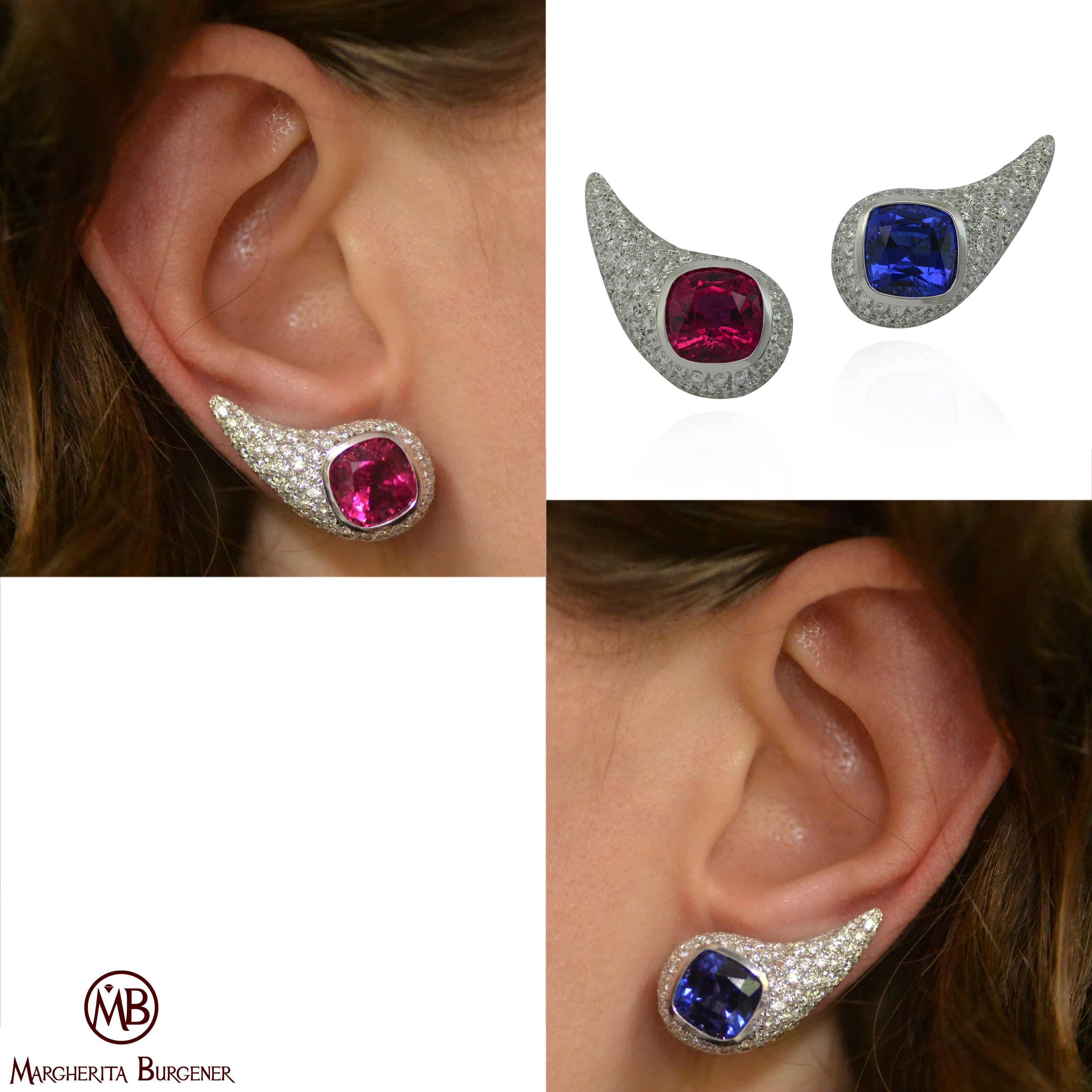 Handcrafted in Margherita Burgener family workshop, Italy, this unique mismatching  pair of earrings is fully pavé set with high quality diamonds.
They center two different main stones: a beautiful cushion cut rubellite tourmaline and a beautiful