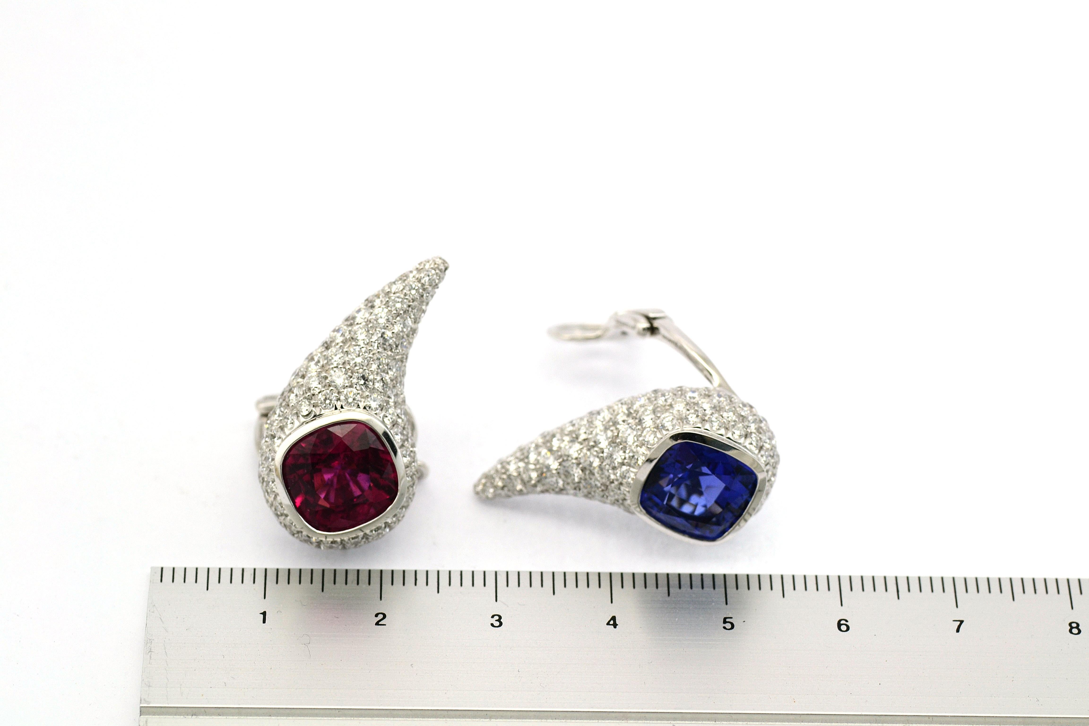 Tourmaline Rubellite Tanzanite Diamond Pavé 18 Karat White Gold Earrings In New Condition In Valenza , IT