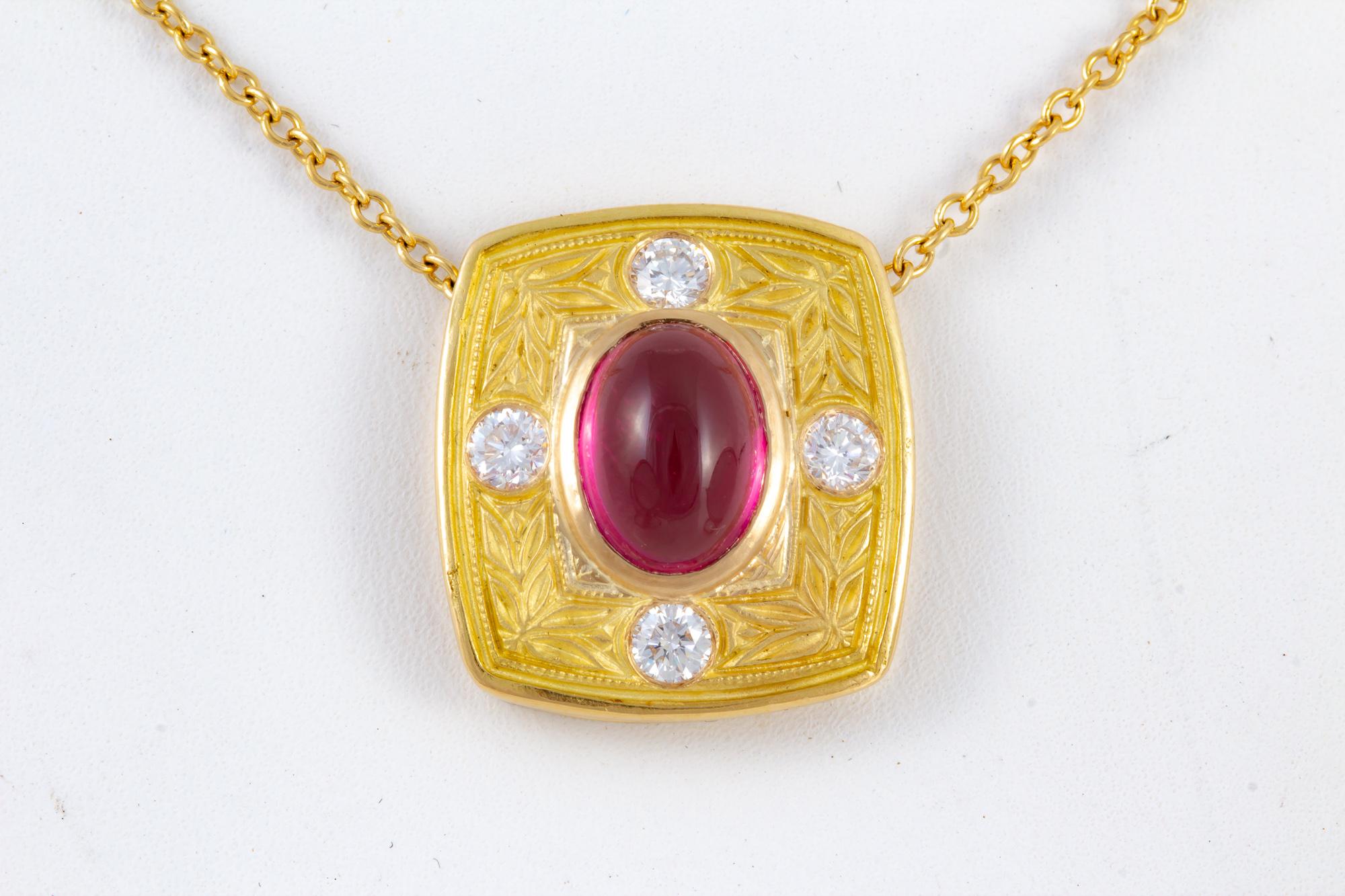 Rubellite Tourmaline 18 kt Gold and Diamond Necklace In New Condition For Sale In Houston, TX