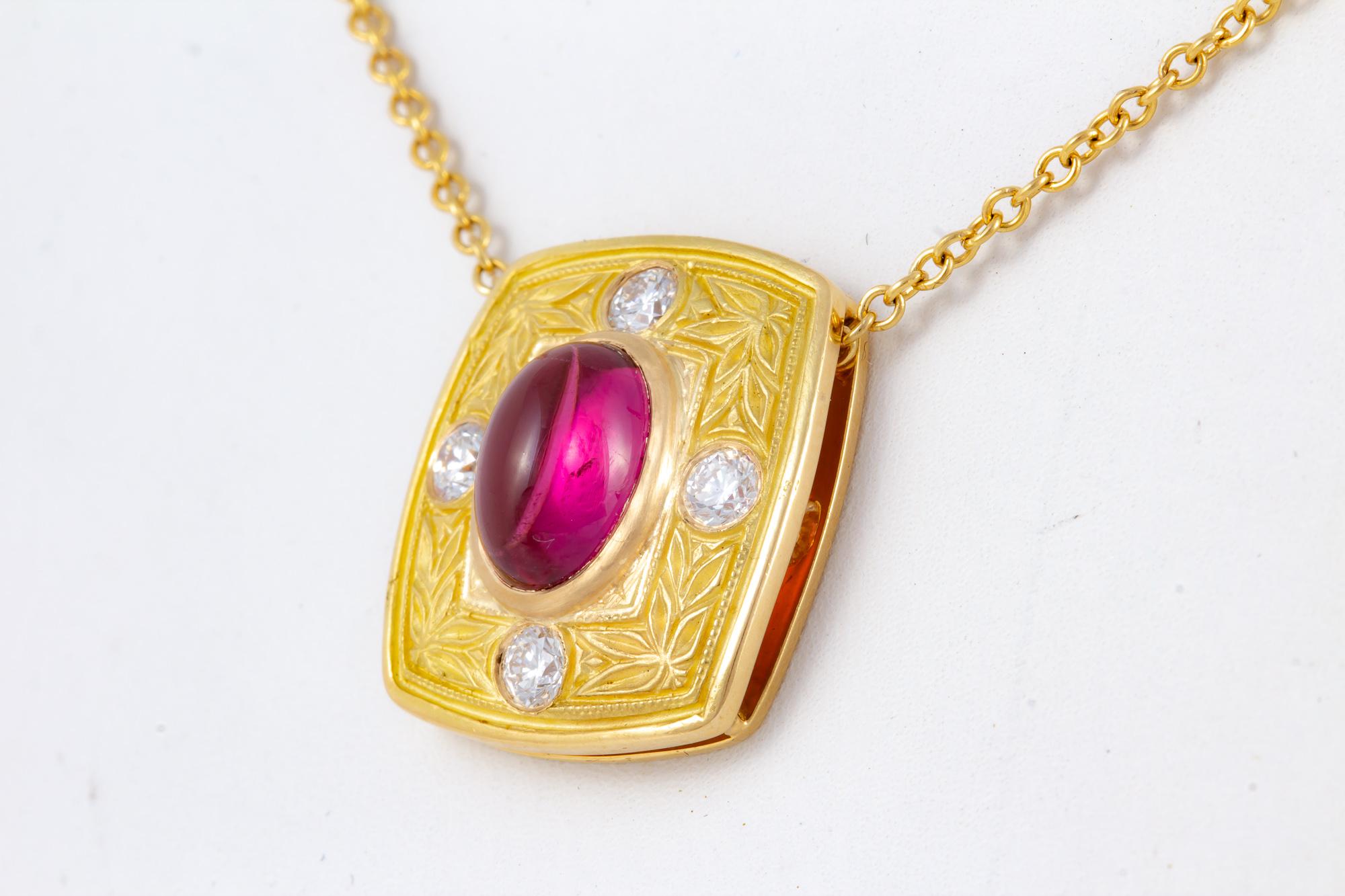 Women's or Men's Rubellite Tourmaline 18 kt Gold and Diamond Necklace