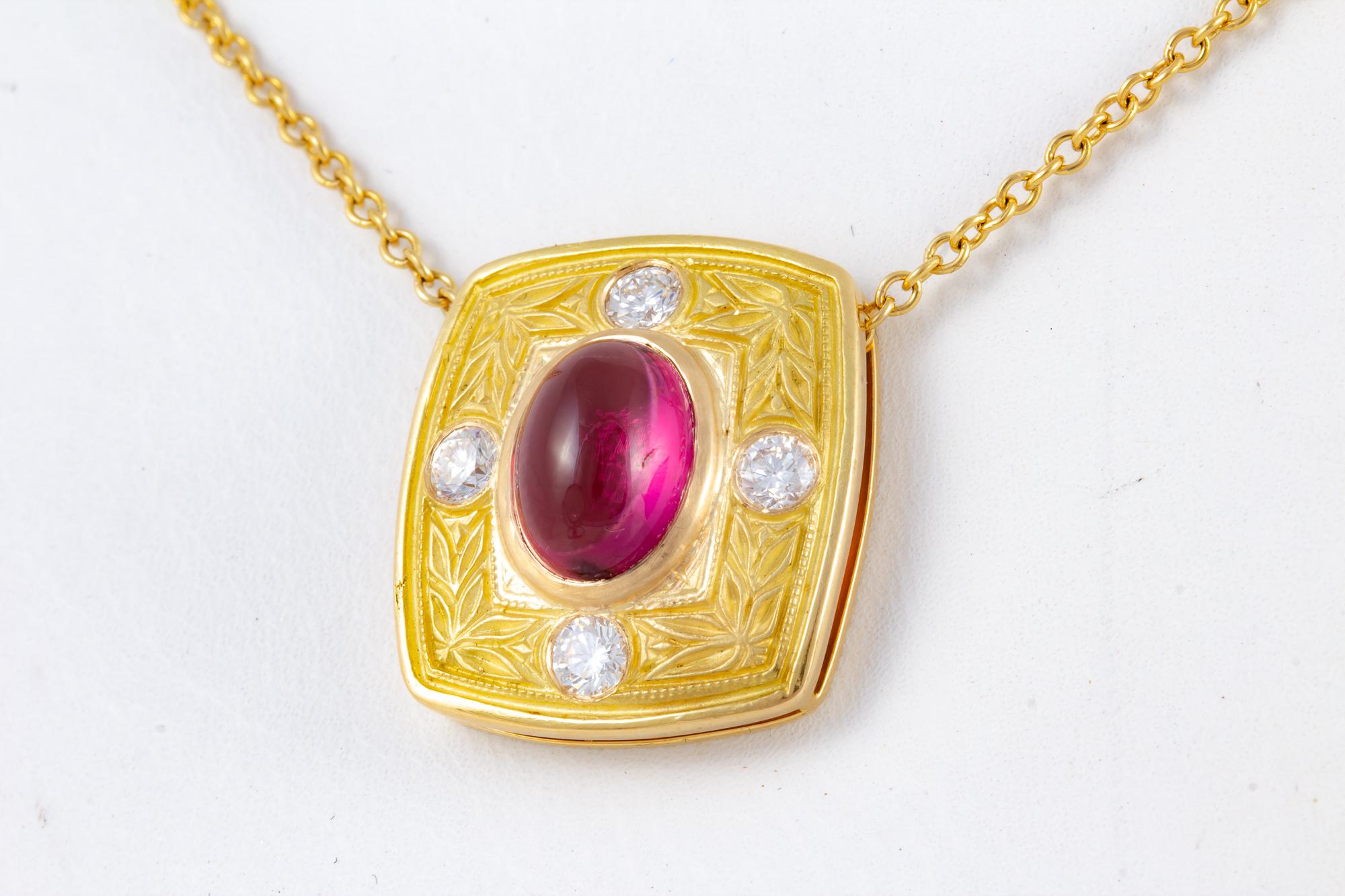 Rubellite Tourmaline 18 kt Gold and Diamond Necklace For Sale 2