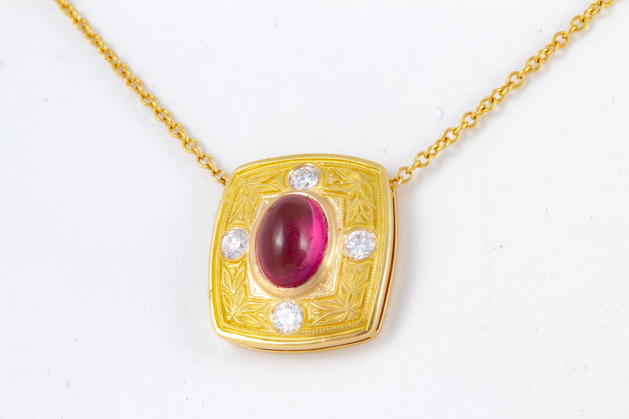 Rubellite Tourmaline 18 kt Gold and Diamond Necklace For Sale 3