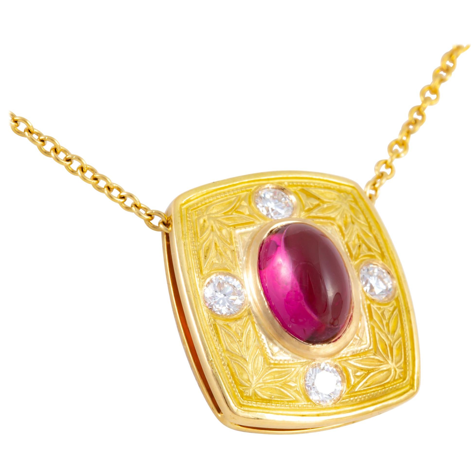 Rubellite Tourmaline 18 kt Gold and Diamond Necklace For Sale