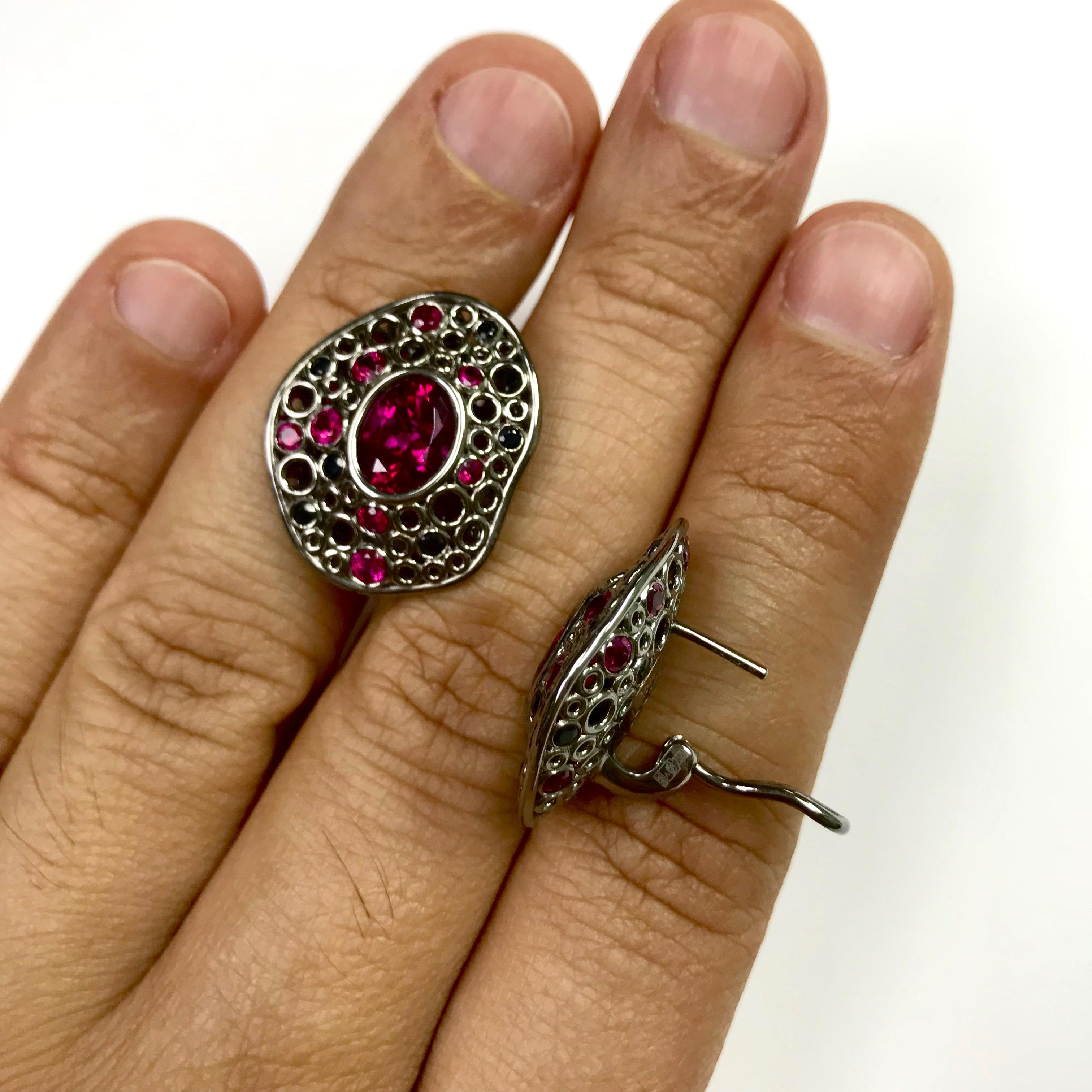 Women's Rubellite Tourmaline 4.54 Carat, Ruby Sapphire 18 Karat Black Gold Earring